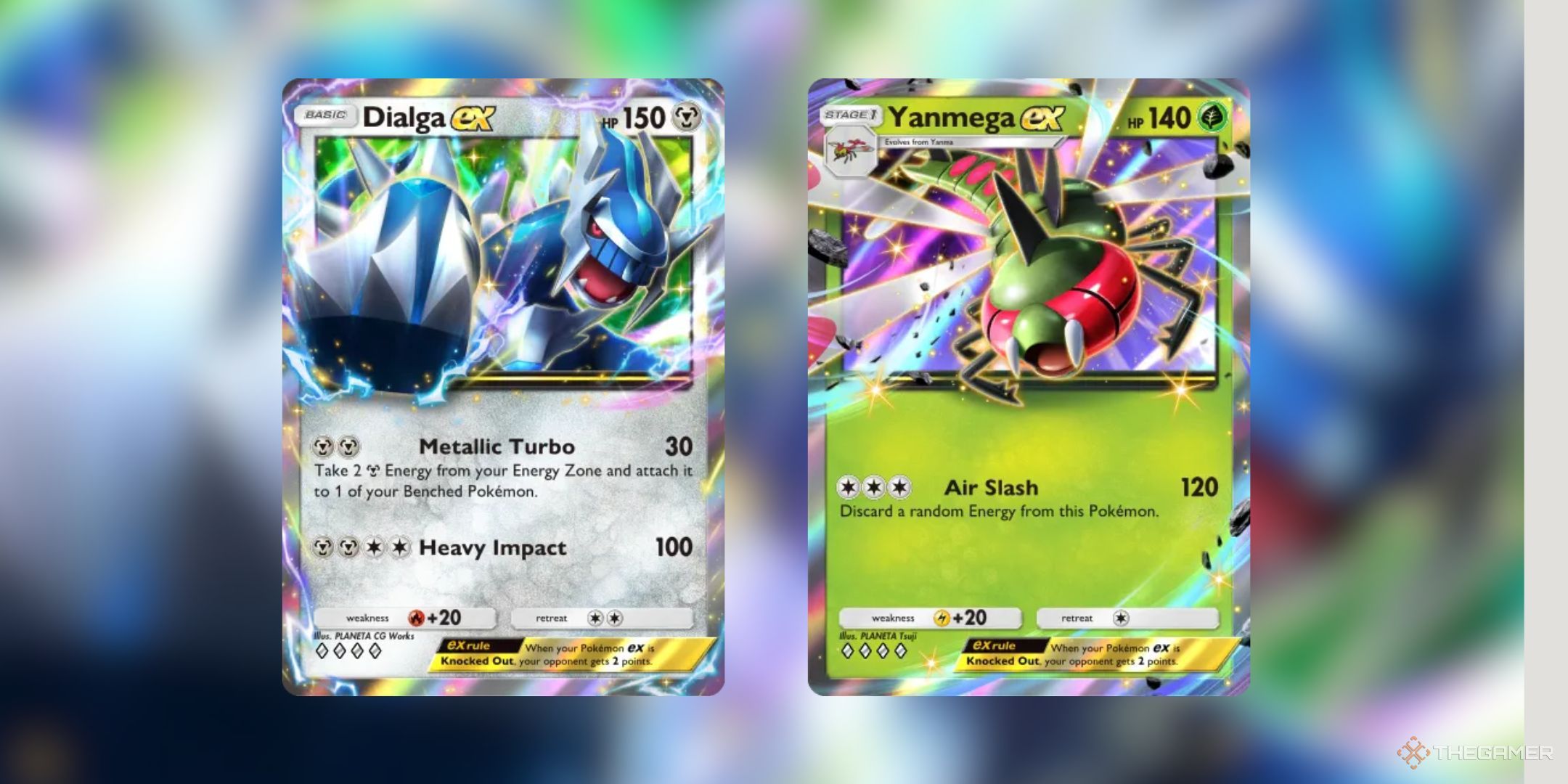 Dialga ex and Yanmega ex as cards in Pokemon Pocket.