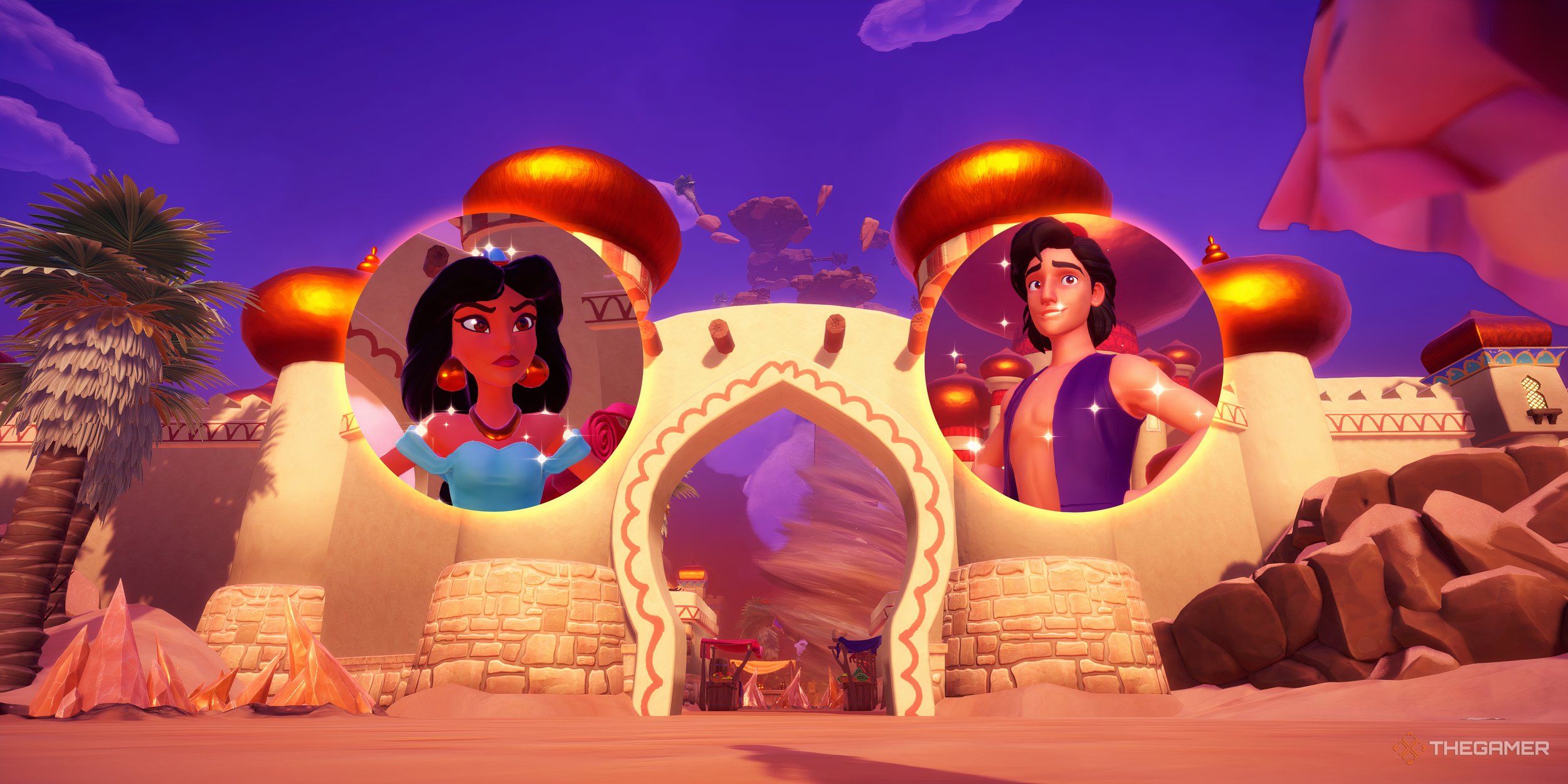 A collage of Princess Jasmine and Aladdin at the gates of Agrabah.