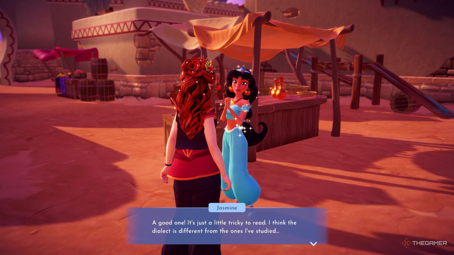 Talking to Jasmine about ancient text in the marketplace.