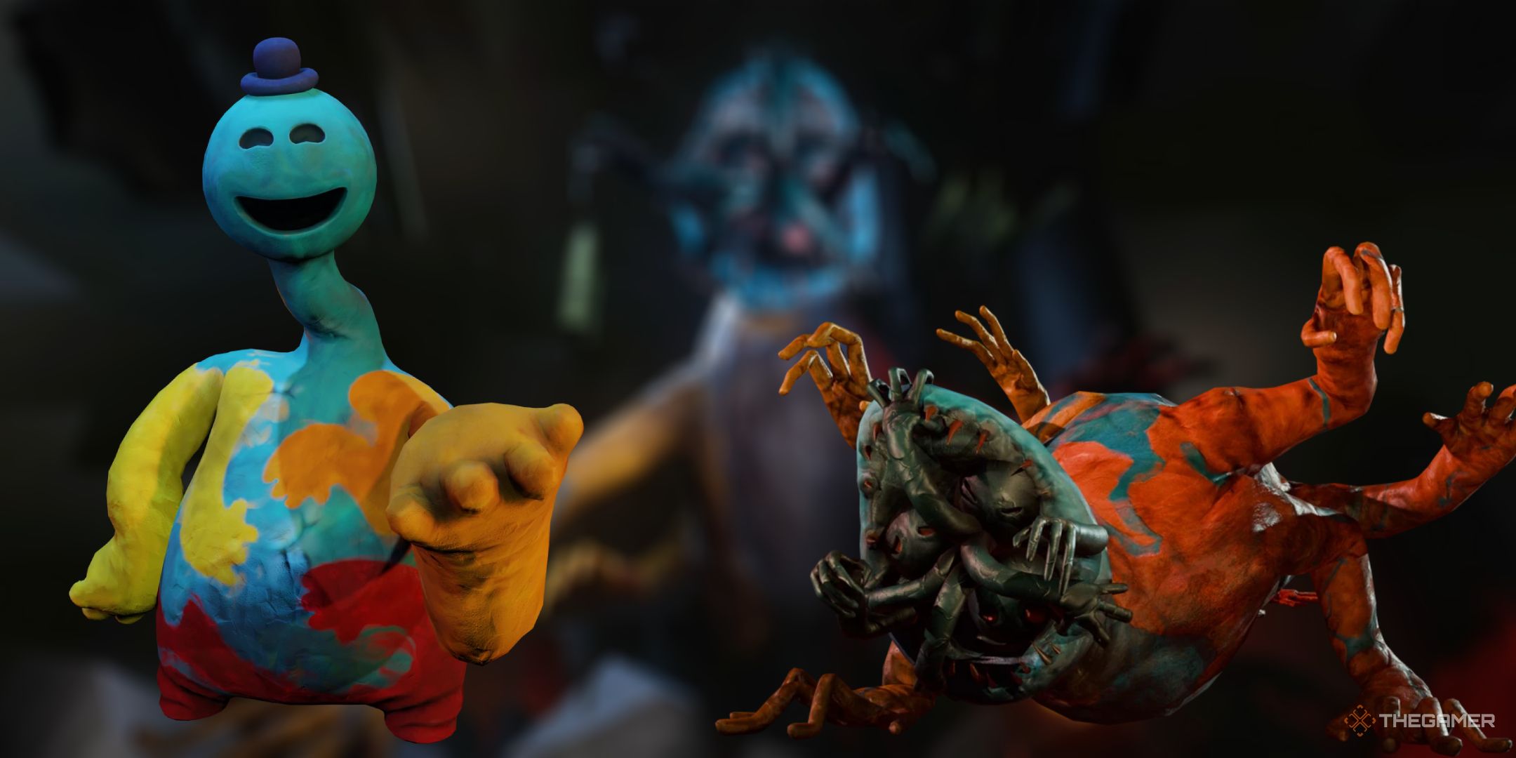Doey the Doughman cal and aggressive forms in front of a blurred image of Doey the Doughman&rsquo;s jumpscare in Poppy Playtime Chapter 4.