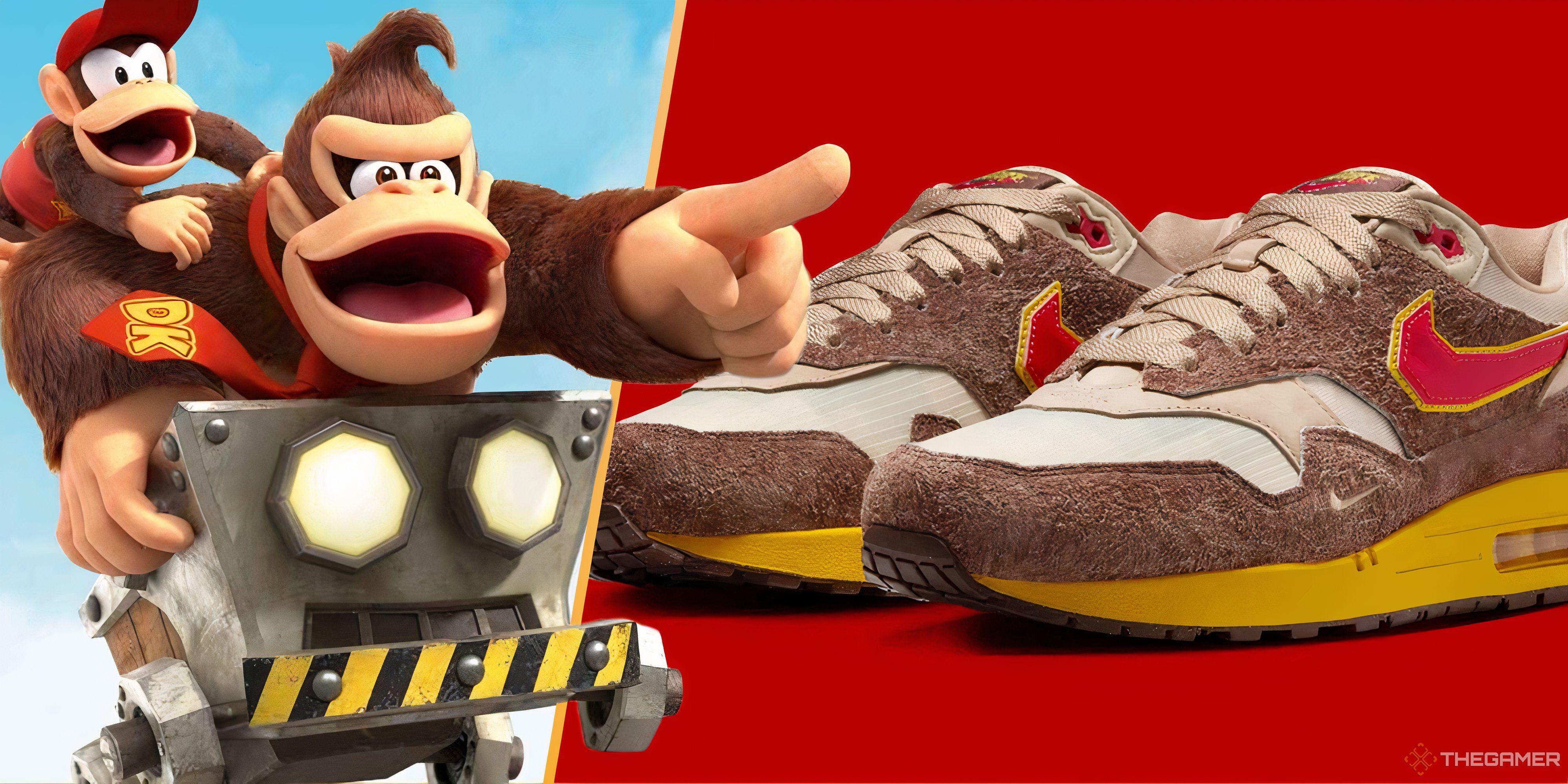 LEGO به طور رسمی کفش ورزشی Nike Air Max خود را فاش می کند 1 Donkey Kong و Diddy Kong در یک سبد که به یک جفت DK Nike Air Max 1s اشاره می کنند.