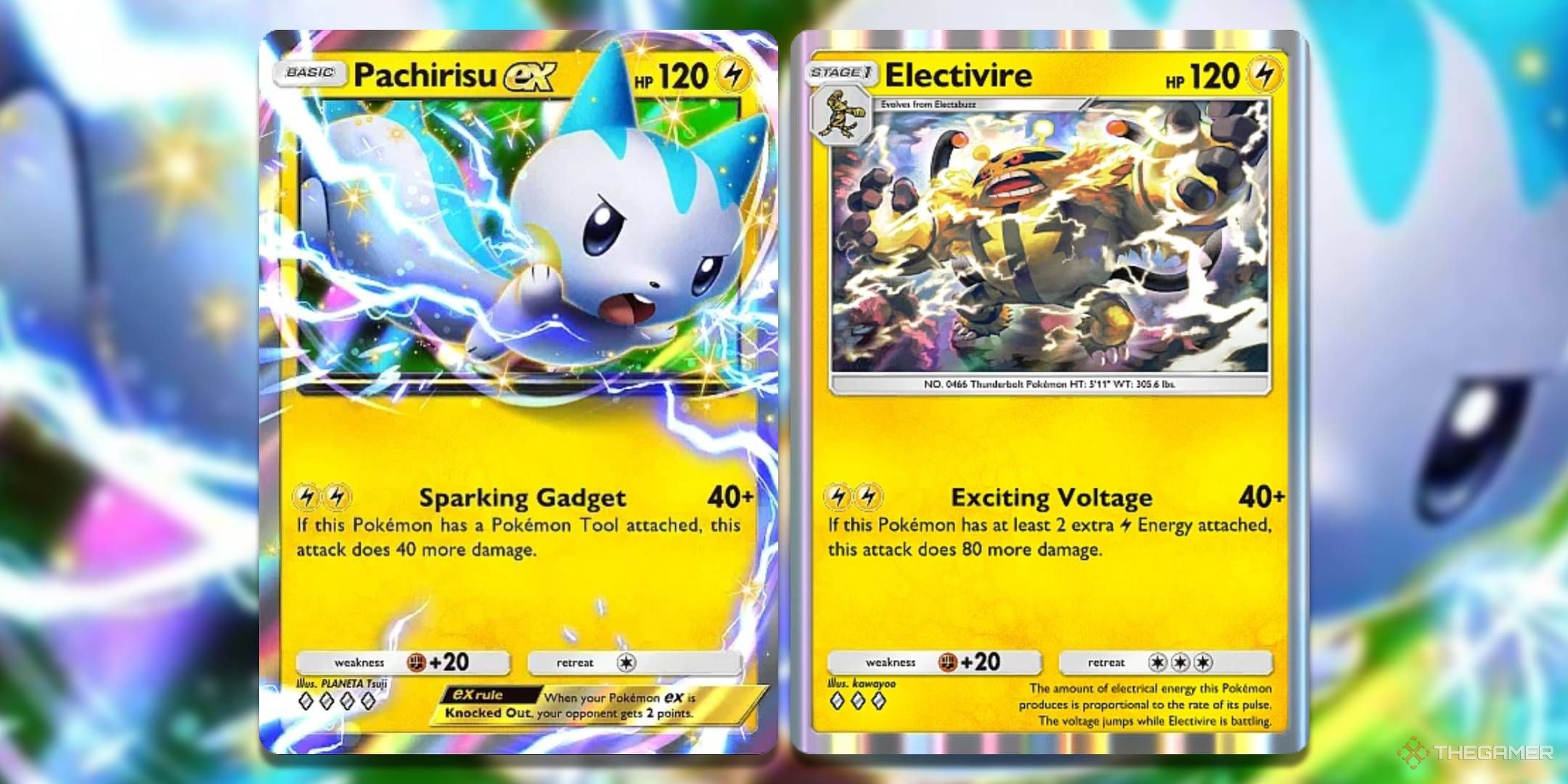 The Pachirisu ex and Electivire cards are shown in Pokemon TCG Pocket.