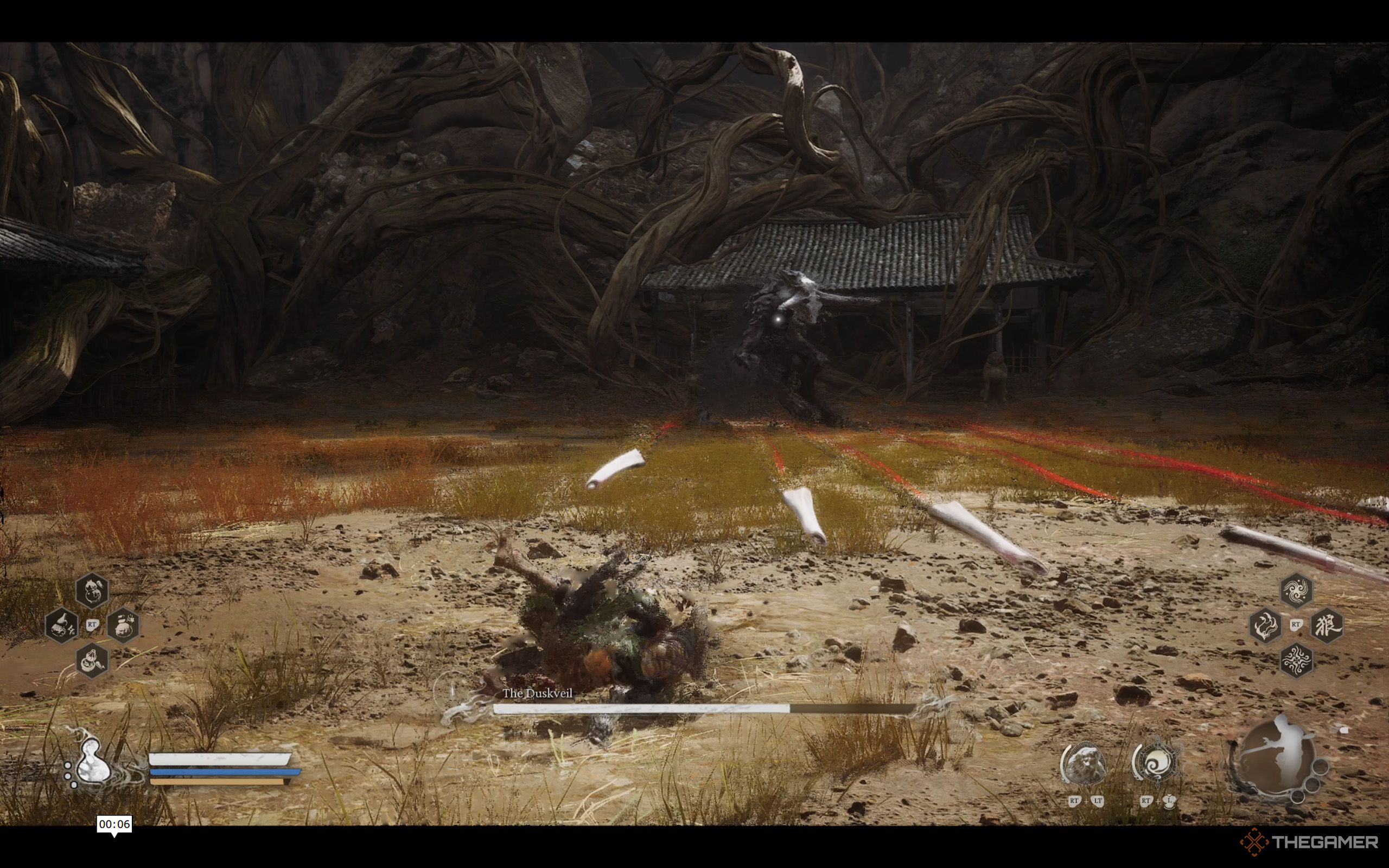 Wukong is rolling to evade Duskveil&rsquo;s attack.