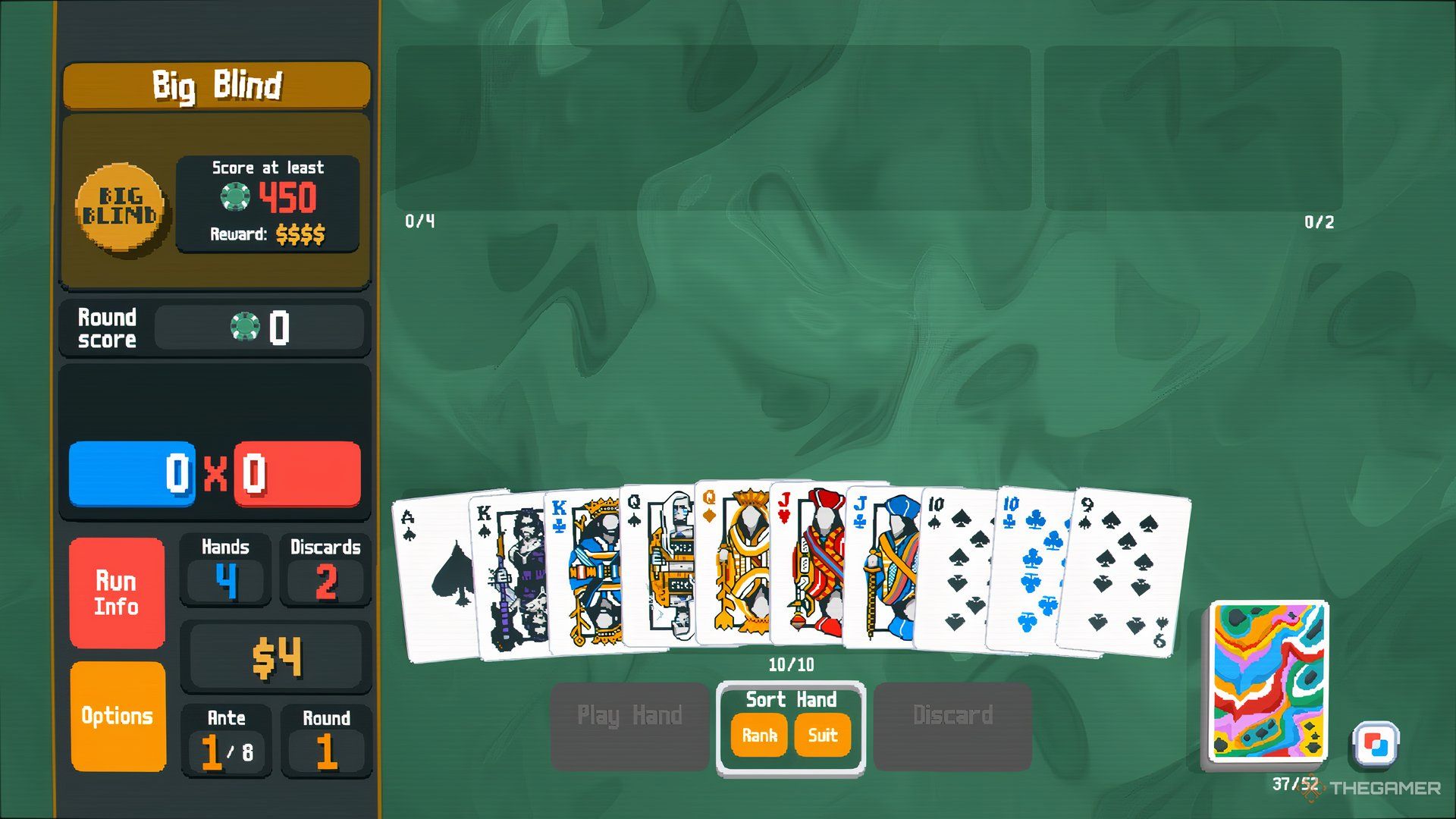 Eine frühe Hand eines grünen Pfahllaufs des bemalten Decks in Balatro.