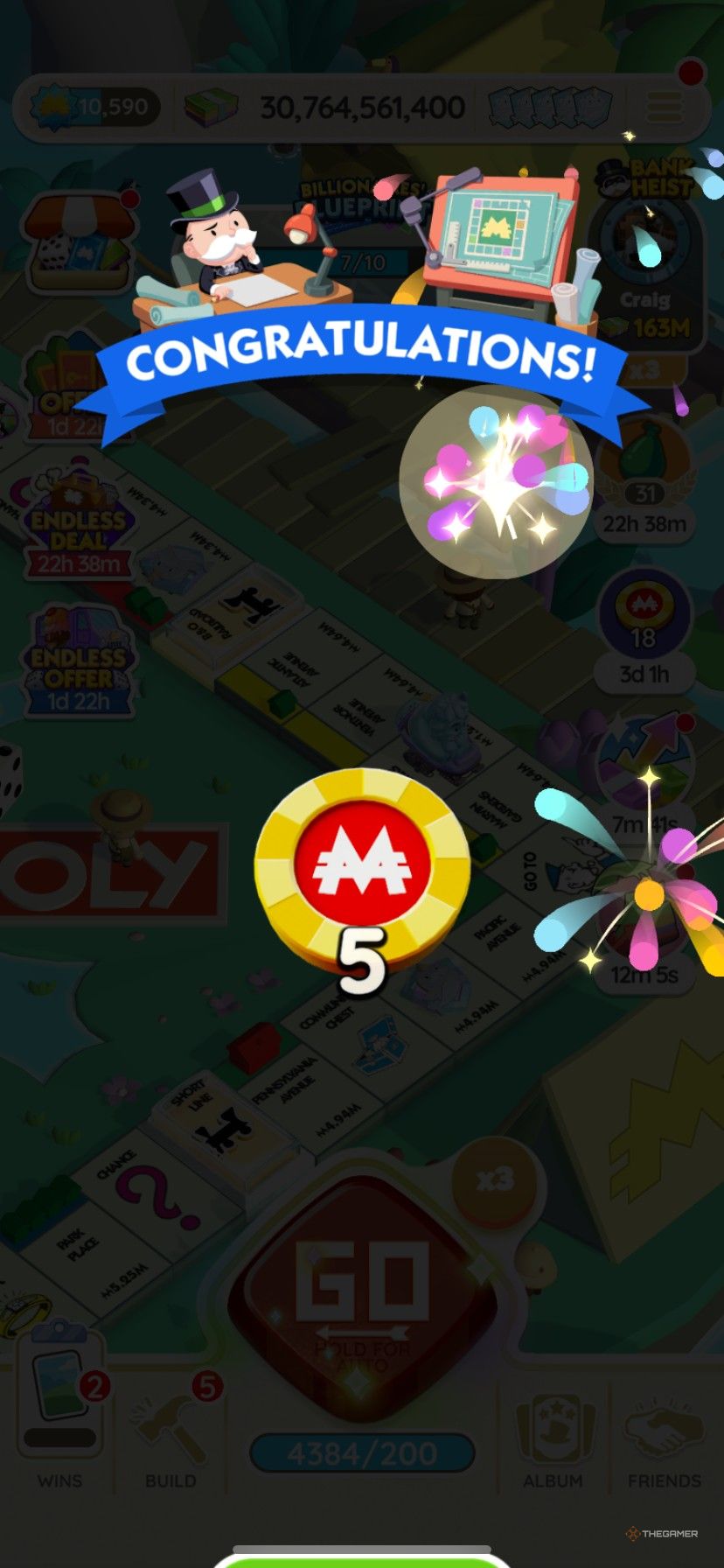 Earning 5 free Peg-E chips in Billionaire&rsquo;s Blueprint in Monopoly Go.