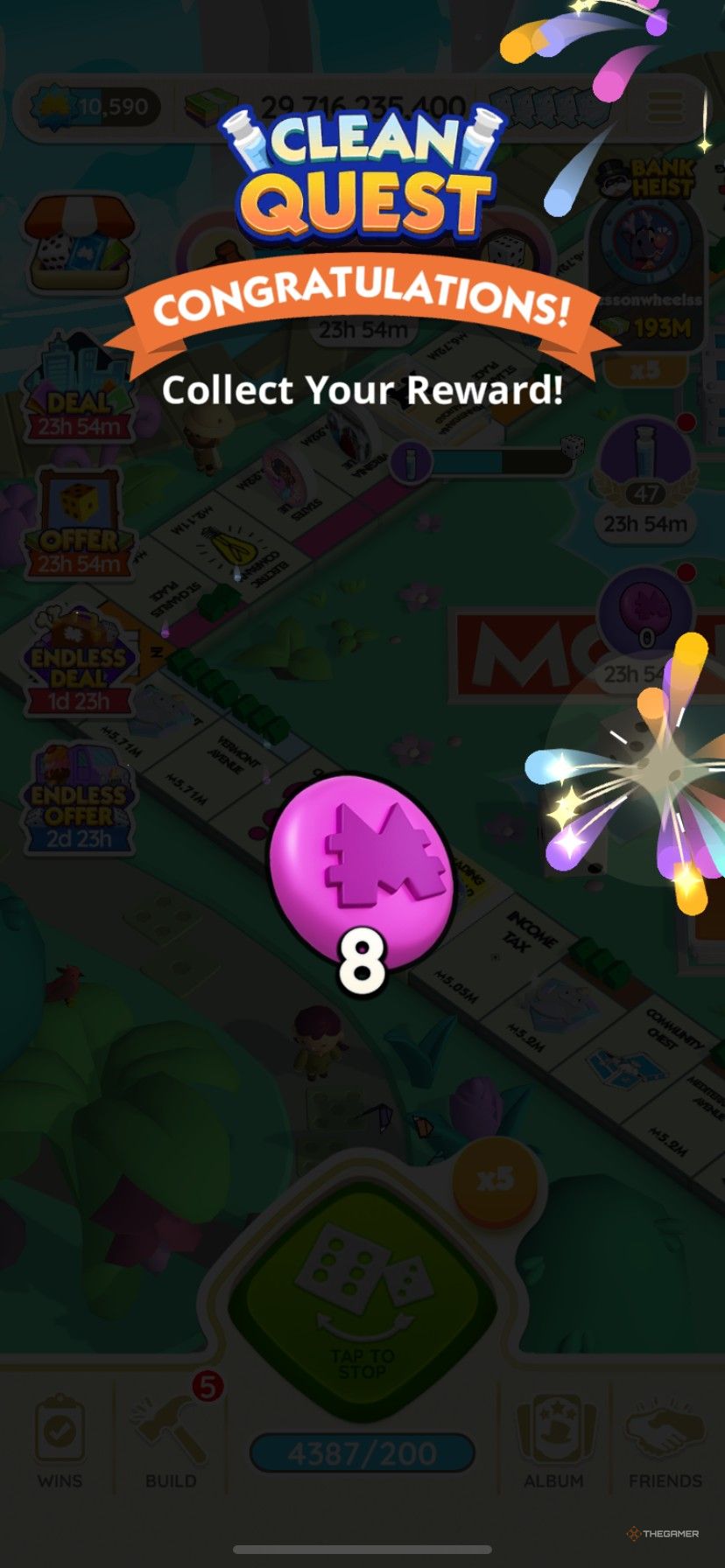 Earning 8 Juggle Jam tokens from Clean Quest in Monopoly Go.