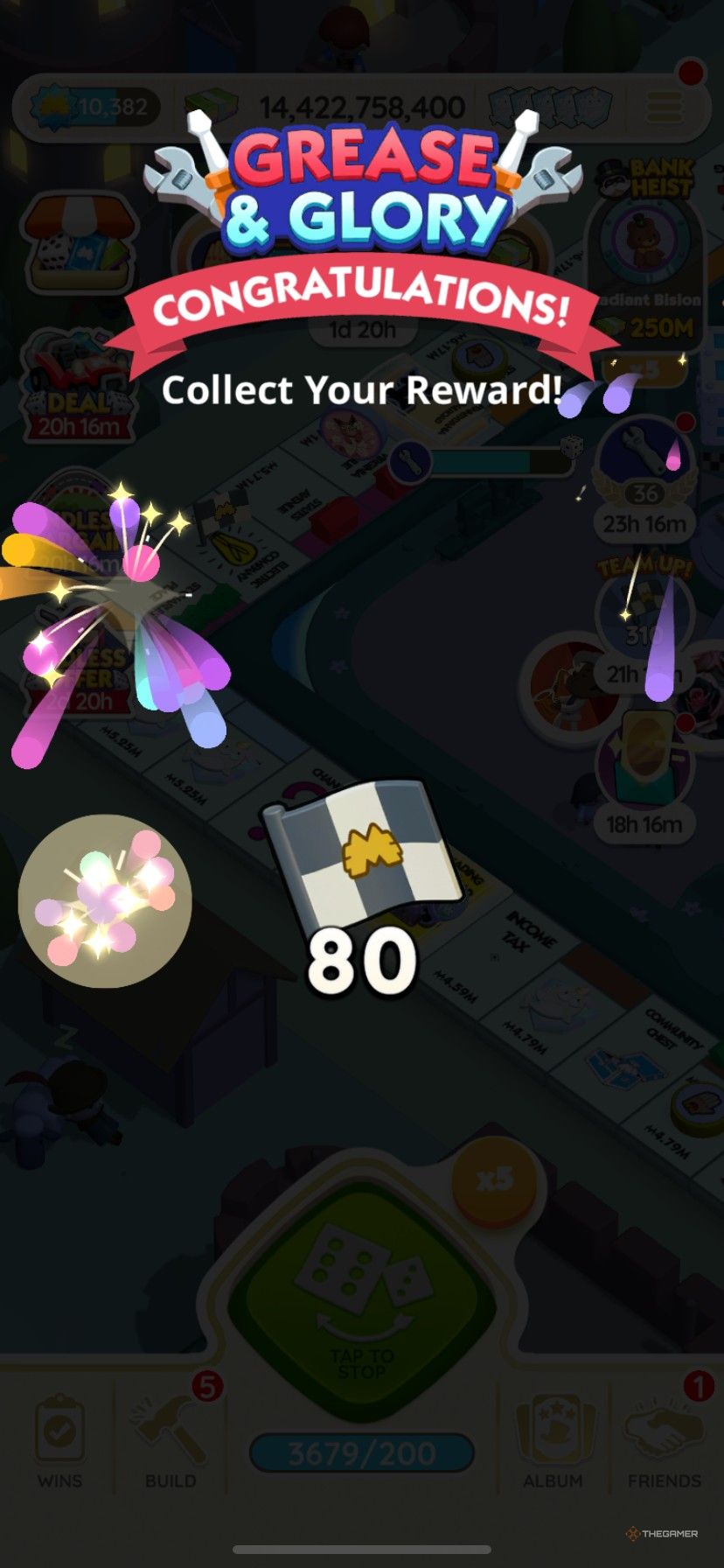 Earning 80 Tycoon Racers tokens in Grease and Glory in Monopoly Go.
