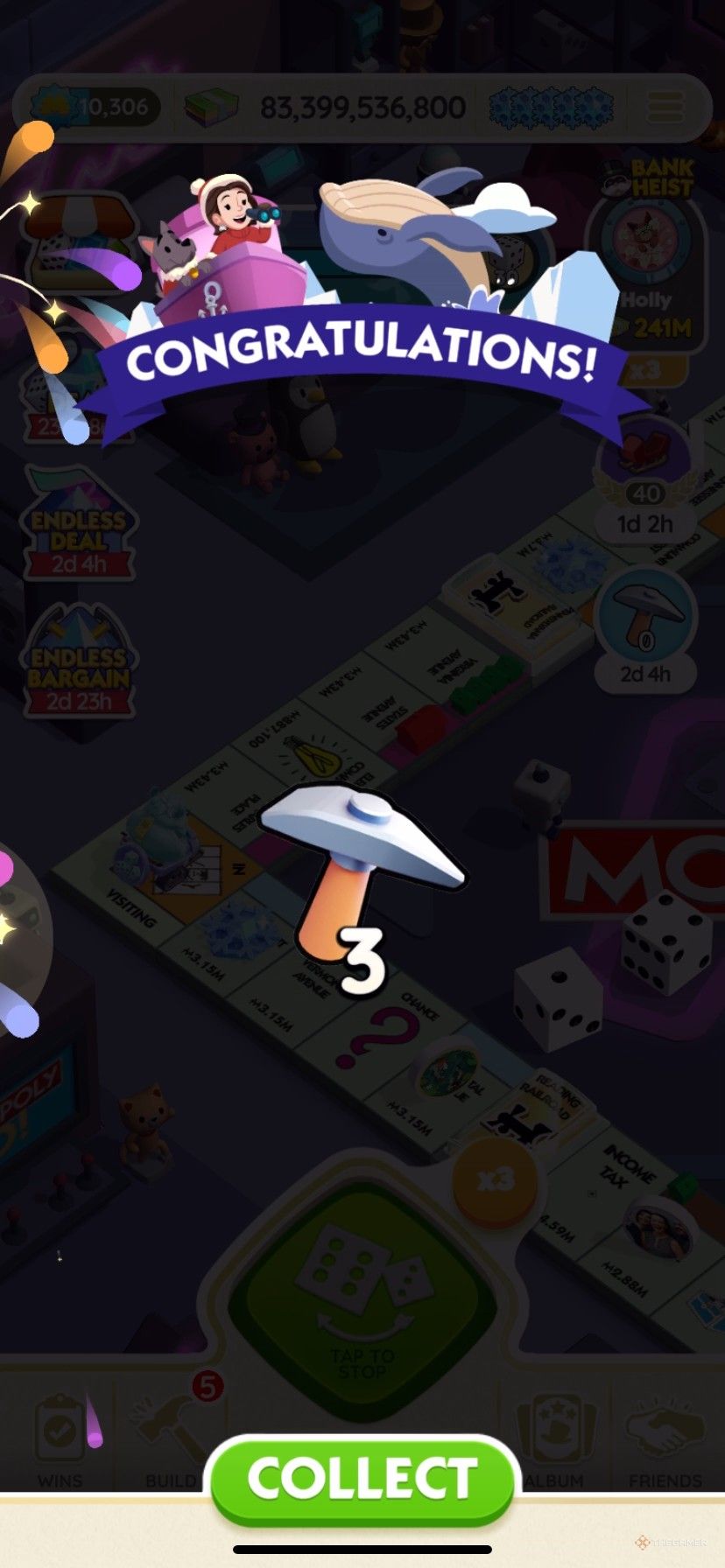 Earning three free Tundra Treasures picks from the Whale Wonders rewards in Monopoly Go.