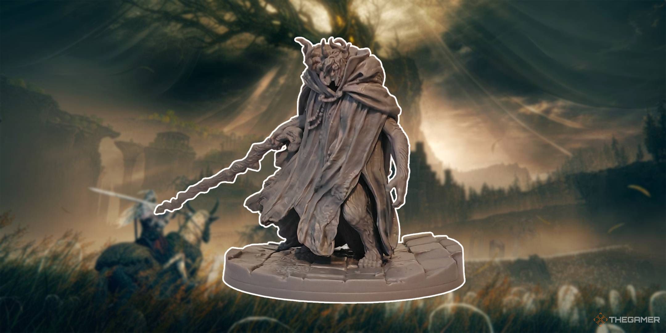 Elden Ring The Board Game Margit the Fell Omen miniature against a background from the video game