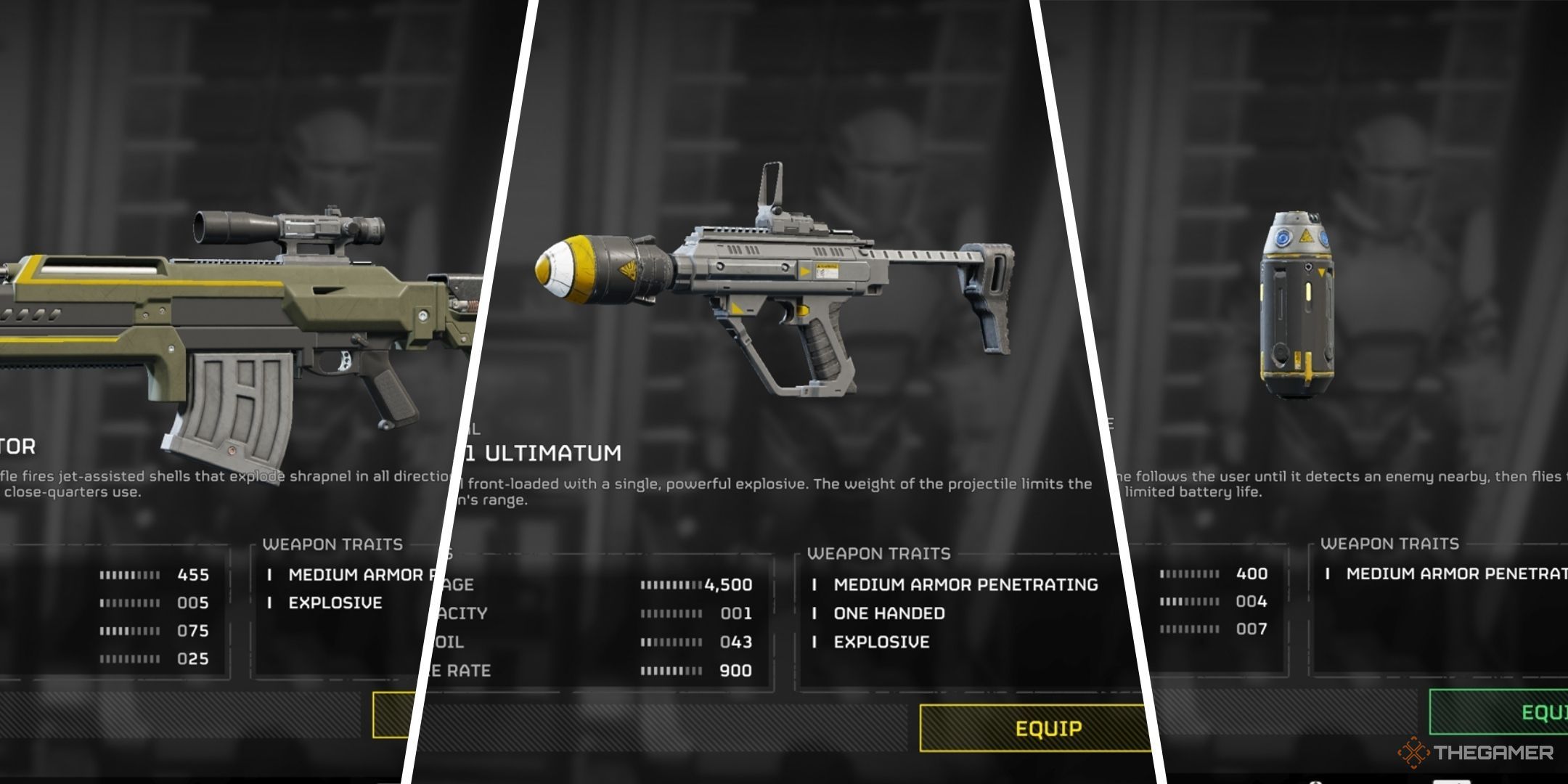 A tri-split image of the Eruptor, Ultimatum, and Seeker from Helldivers 2.