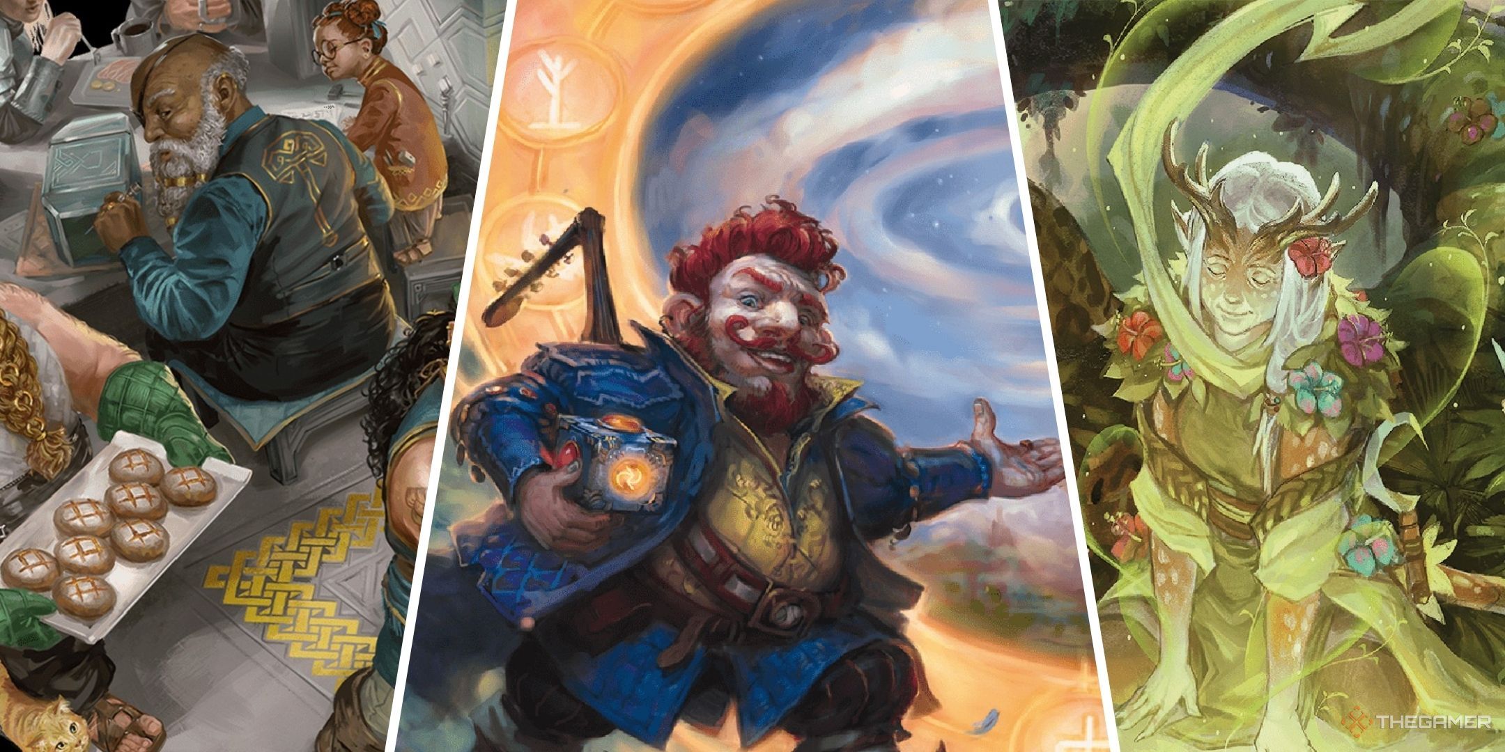Dungeons & Dragons image showing several dwarves, a bard and a druid.