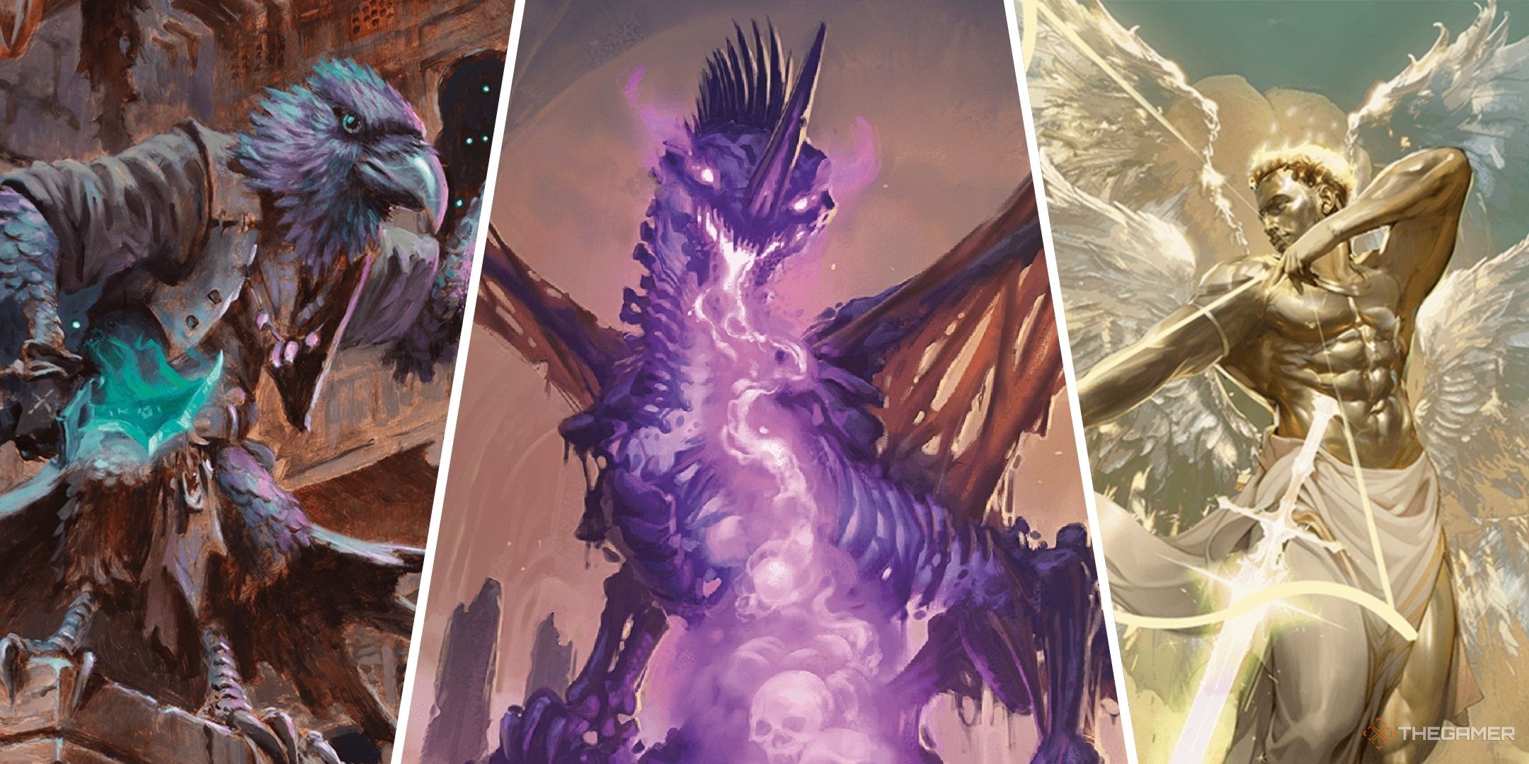 Dungeons & Dragons image showing a kenku, a dracolich and a solar.