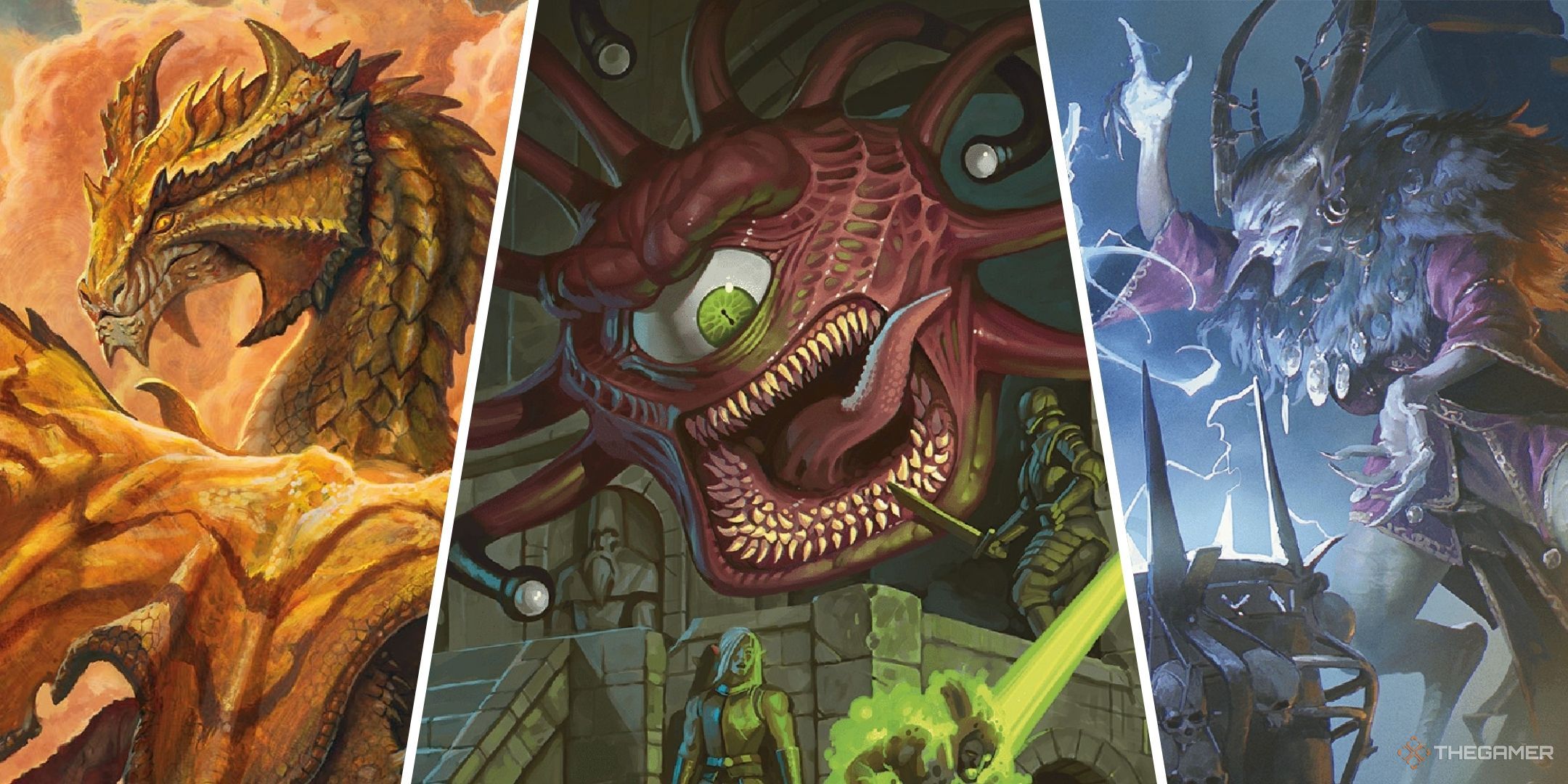 DUngeons &amp; Dragons image showing a brass dragon, a beholder and an arch-hag.
