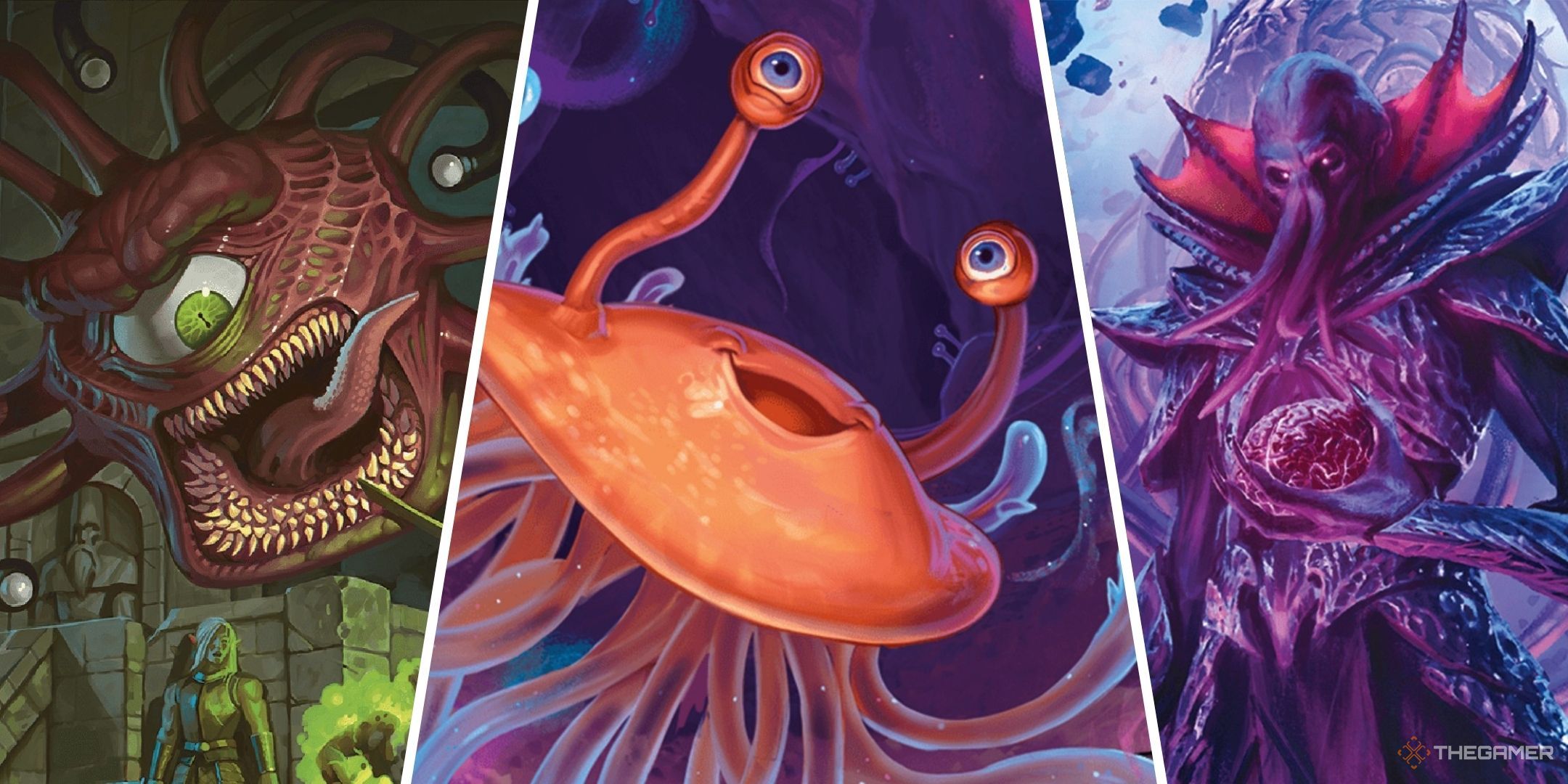 Dungeons &amp; Dragons image showing a beholder, a flumph and a mind flayer.