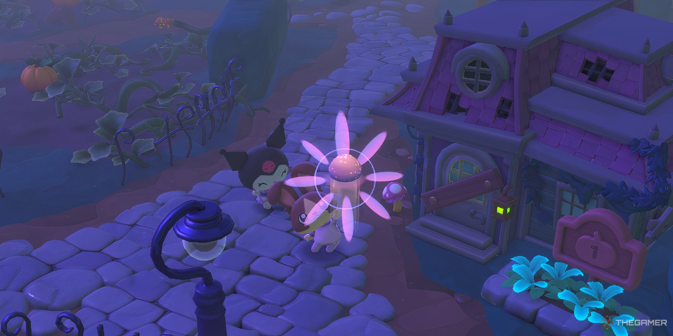 Player character holding up a Light Stone with purple sparkles and shapes around it near Kuromi in Hello Kitty Island Adventure.