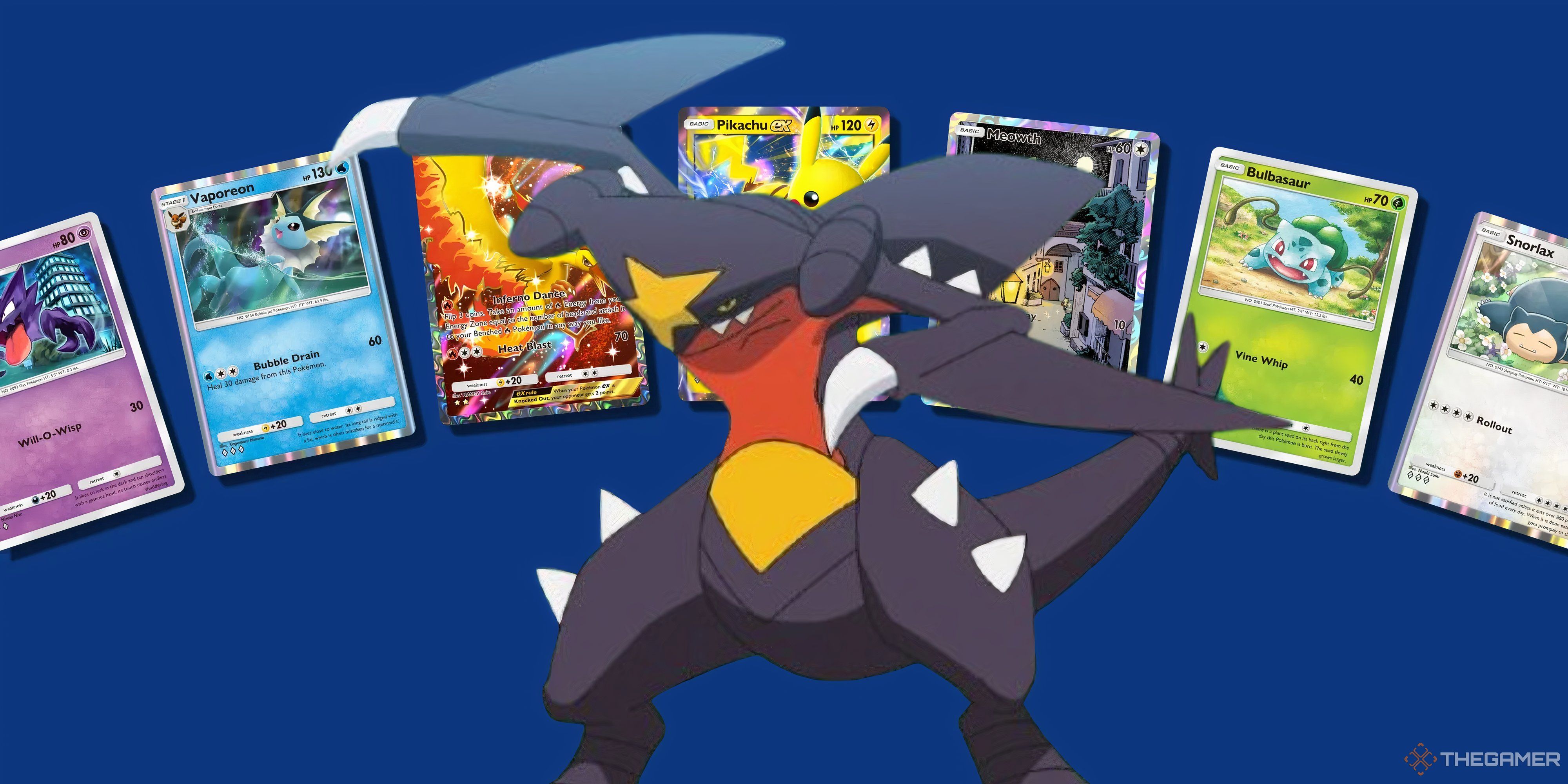 garchomp posing in front of cards from pokemon tcg pocket.