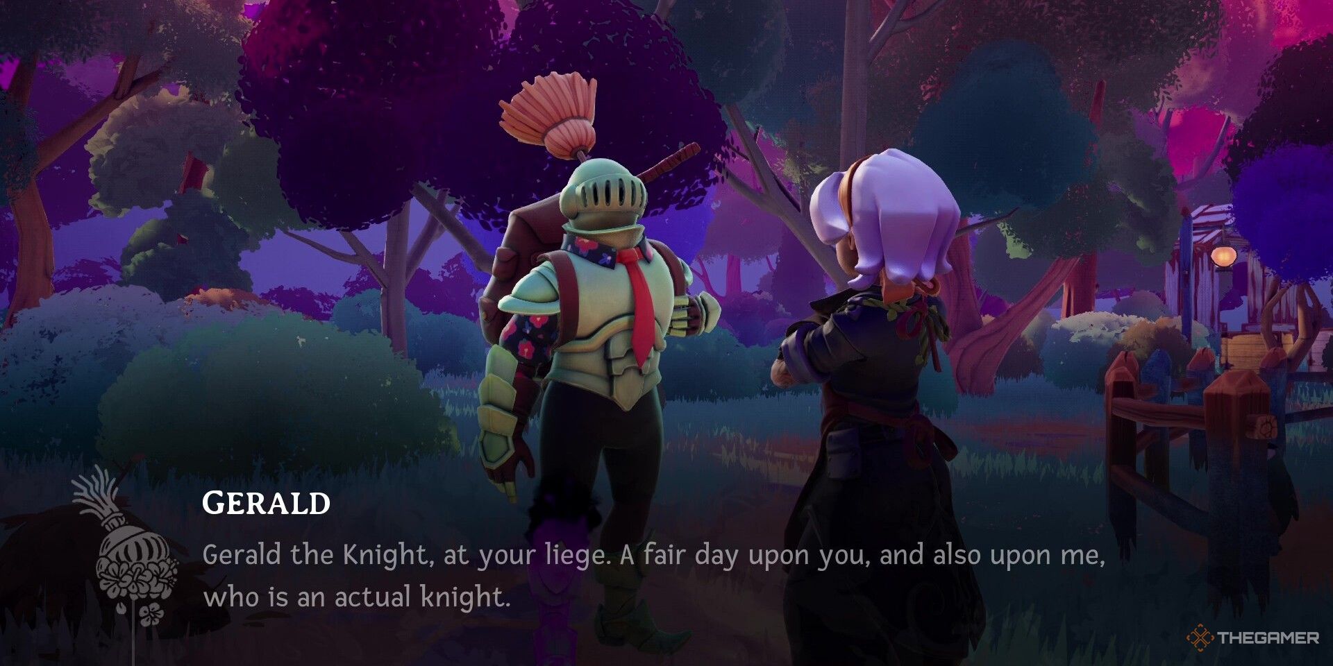 Gerald the Knight introducing himself to Alta in Wanderstop.