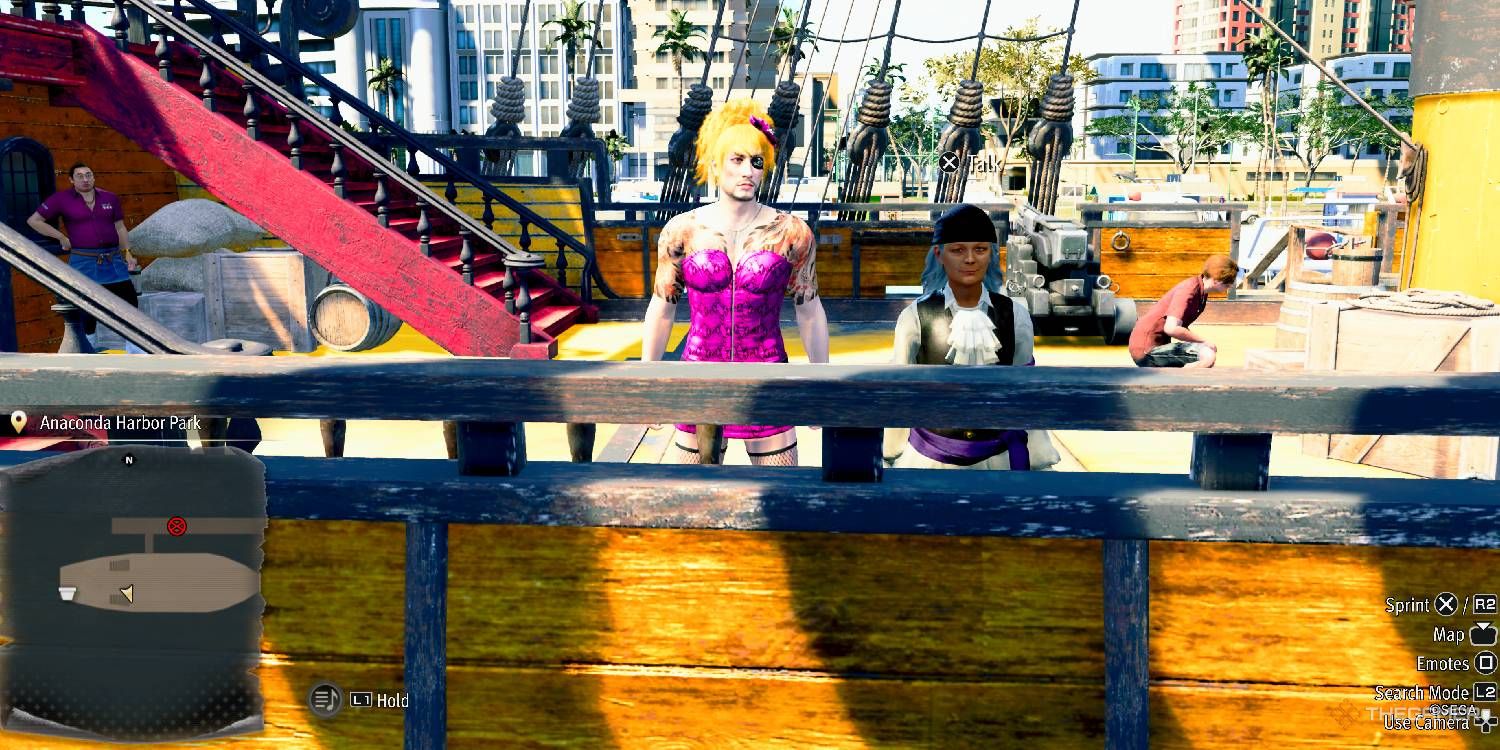 Goromi standing next to Natasha on the Goromaru in Like A Dragon Pirate Yakuza In Hawaii.