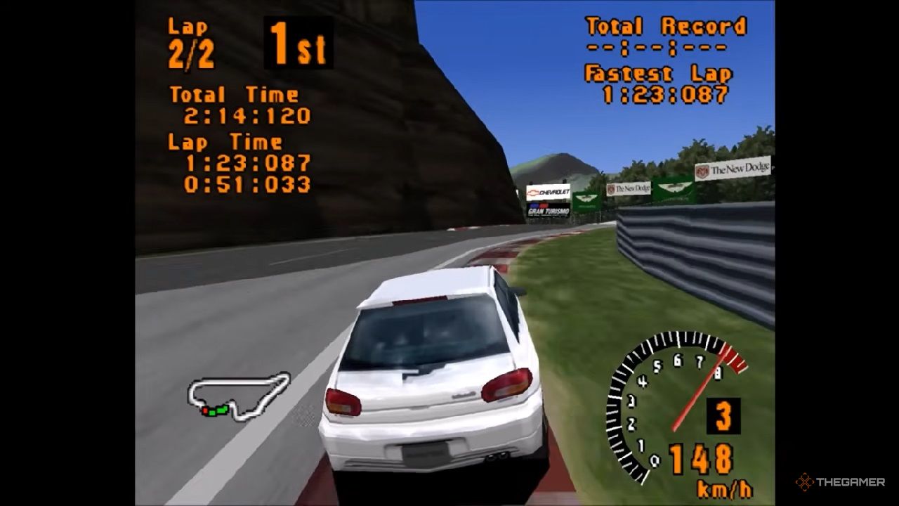 A white car drives on a race track in Gran Turismo on the PS1.