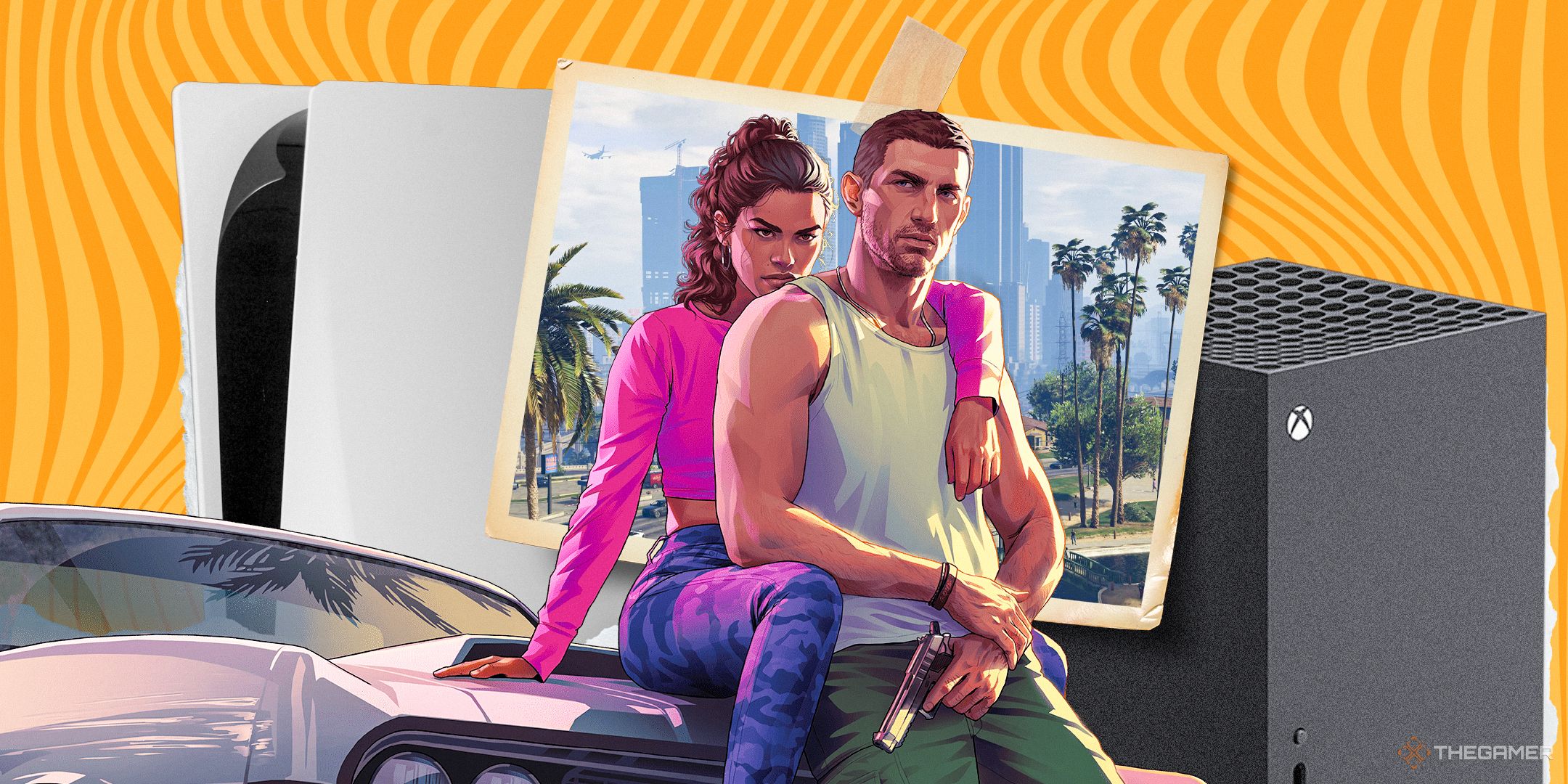 Grand Theft Auto key art over an Xbox Series X and a PS5.