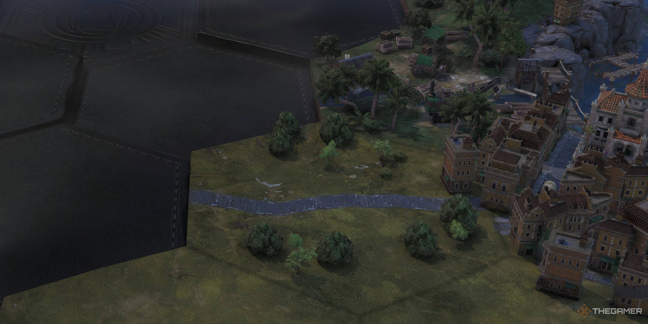 Half of an unseen tile set and a city in darkness in Civilization 7