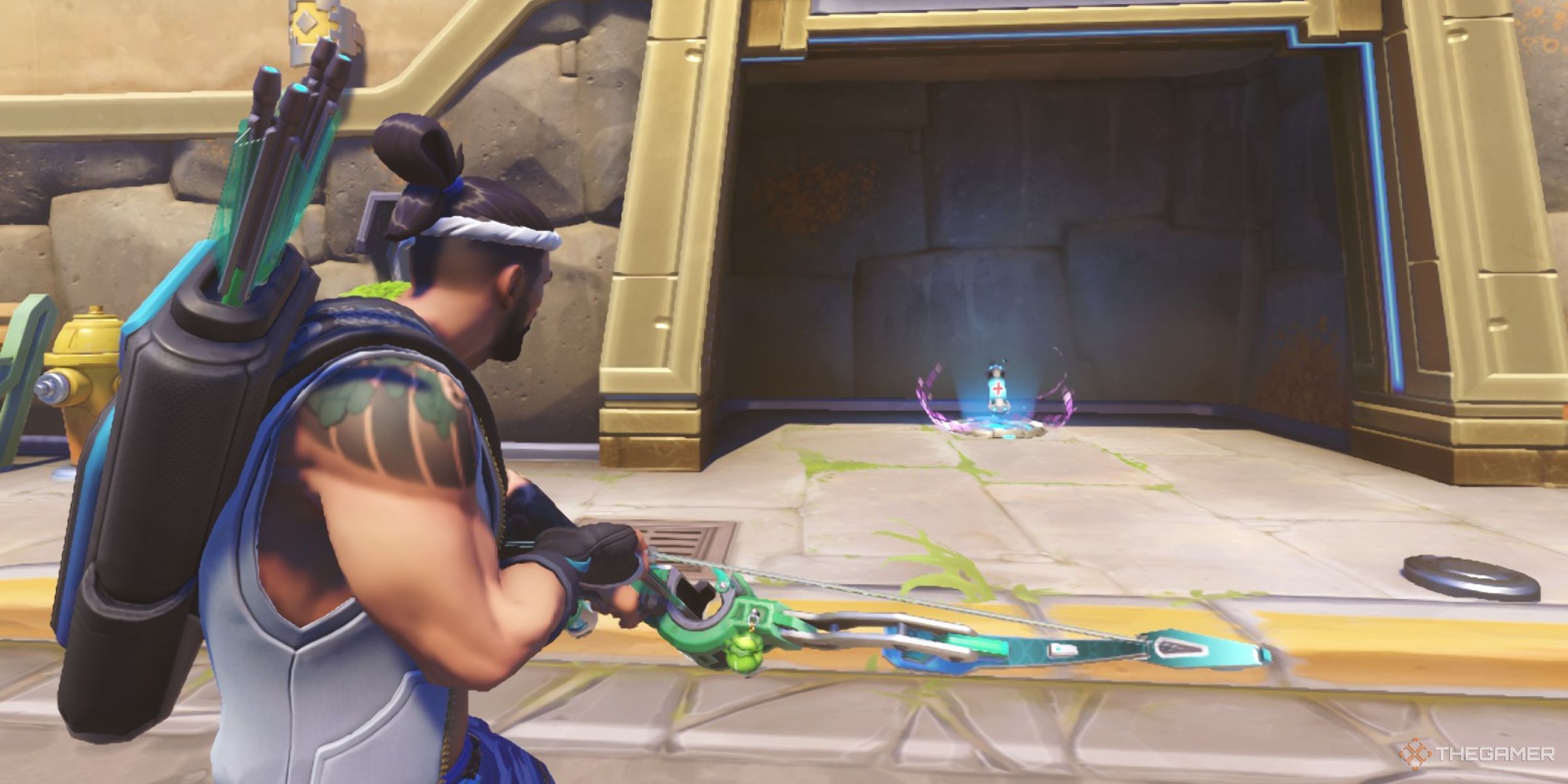 Hanzo Hacking A Health Pack With His Sonic Arrow Using His Sonic Disruption Perk In Overwatch 2.