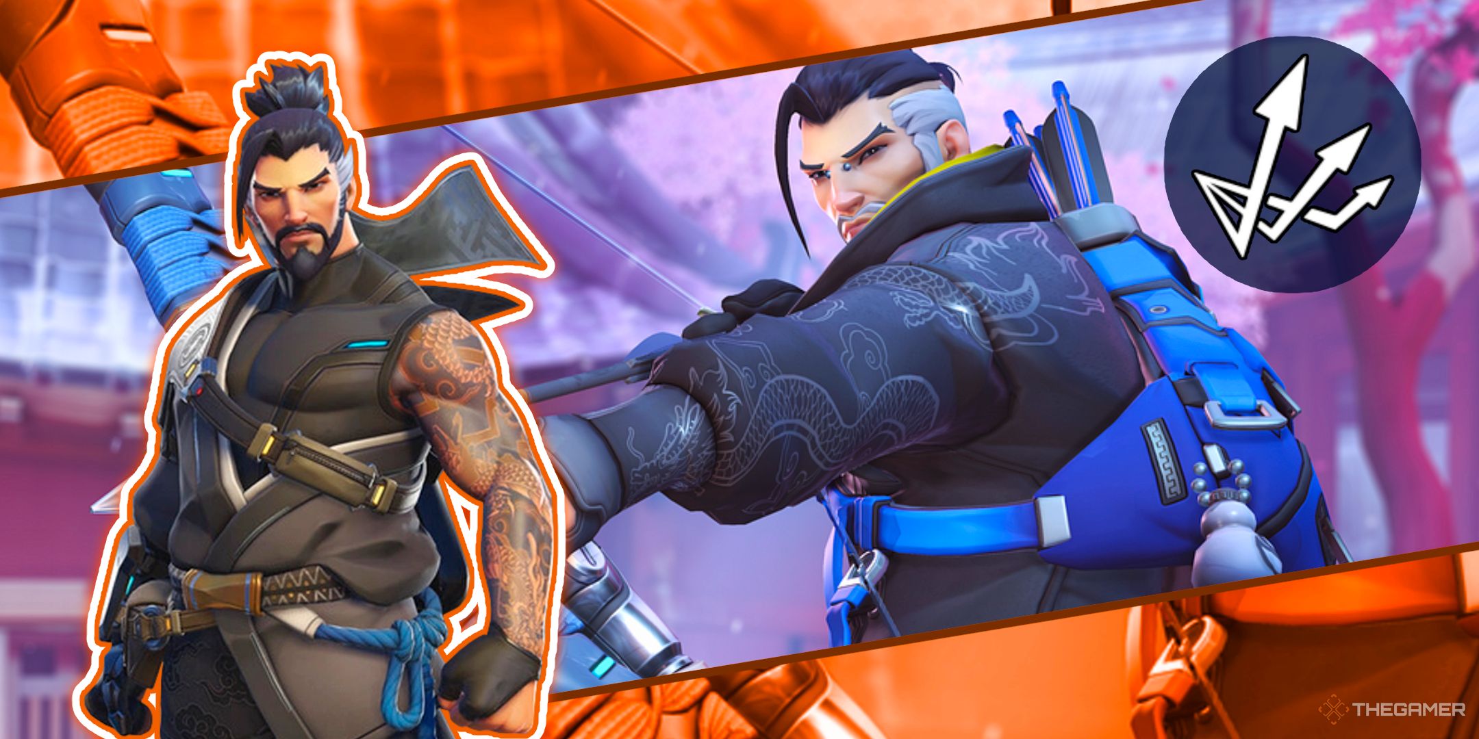 Hanzo Standing And Looking Towards The Camera, While Another Shot Of Him Behind Is Reading His Bow To Shoot With the Scatter Arrows Perk Icon From Overwatch 2.