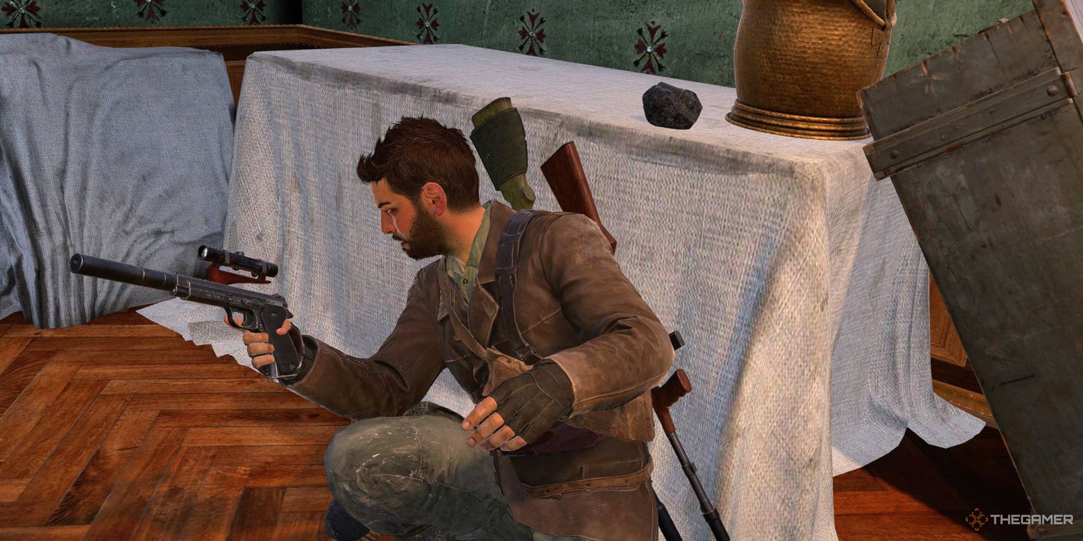 Harry Hawker next to a Coal Torpedo on a table in Sniper Elite Resistance.