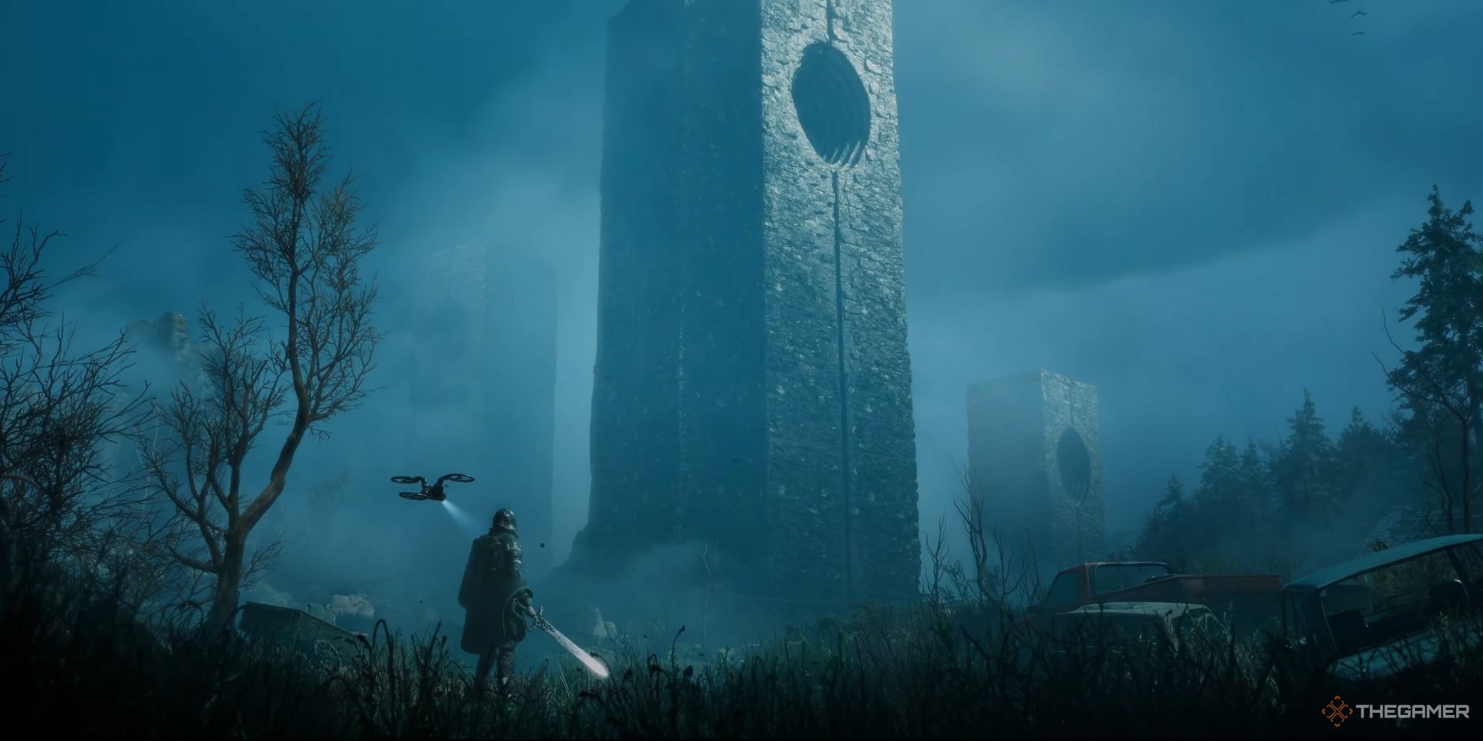 Hell is Us. The protagonist looking up at an odd tower.