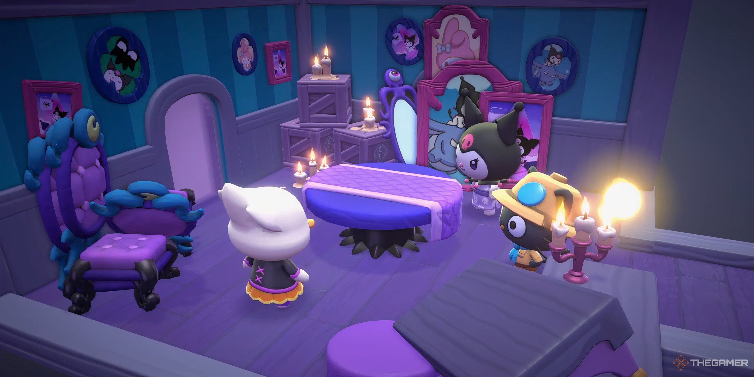 A duck, Chococat, and Kuromi in the Haunted Mansion's attic.