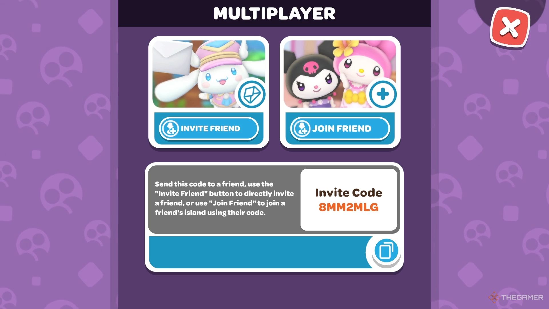 Hello Kitty Island Adventure Multiplayer menu with one-time friend code at the bottom.