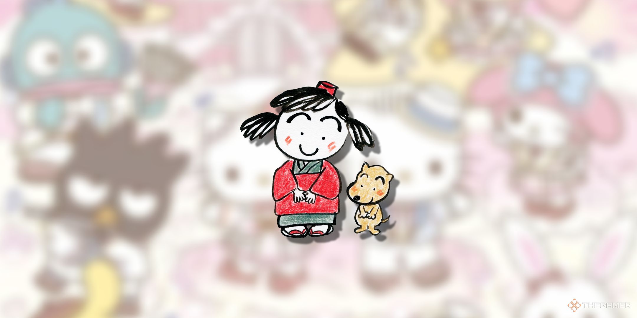 Ikkuchan در پس زمینه مبهم Sanrio.