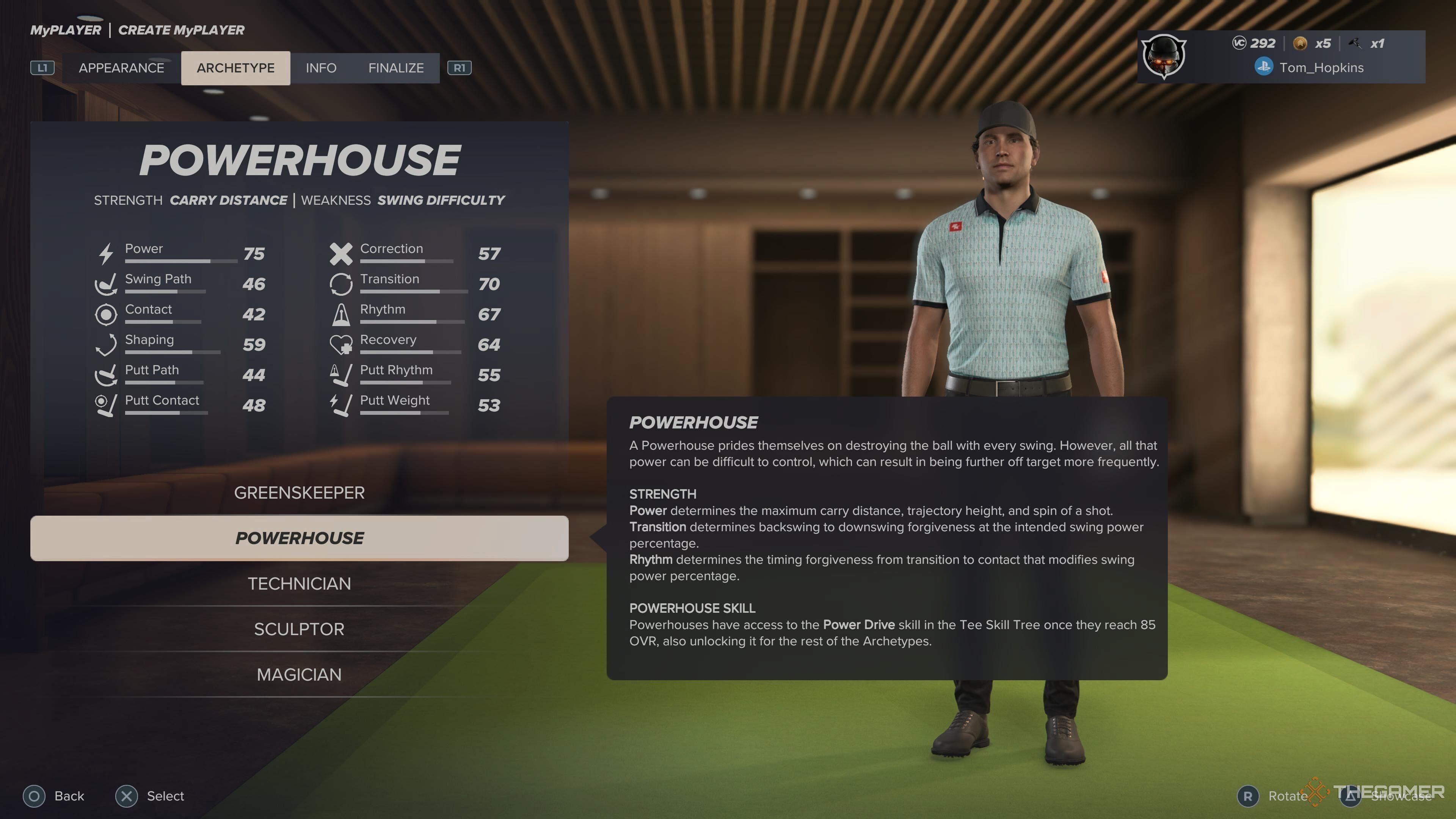 The Powerhouse archetype in the menu in PGA Tour 2K25.