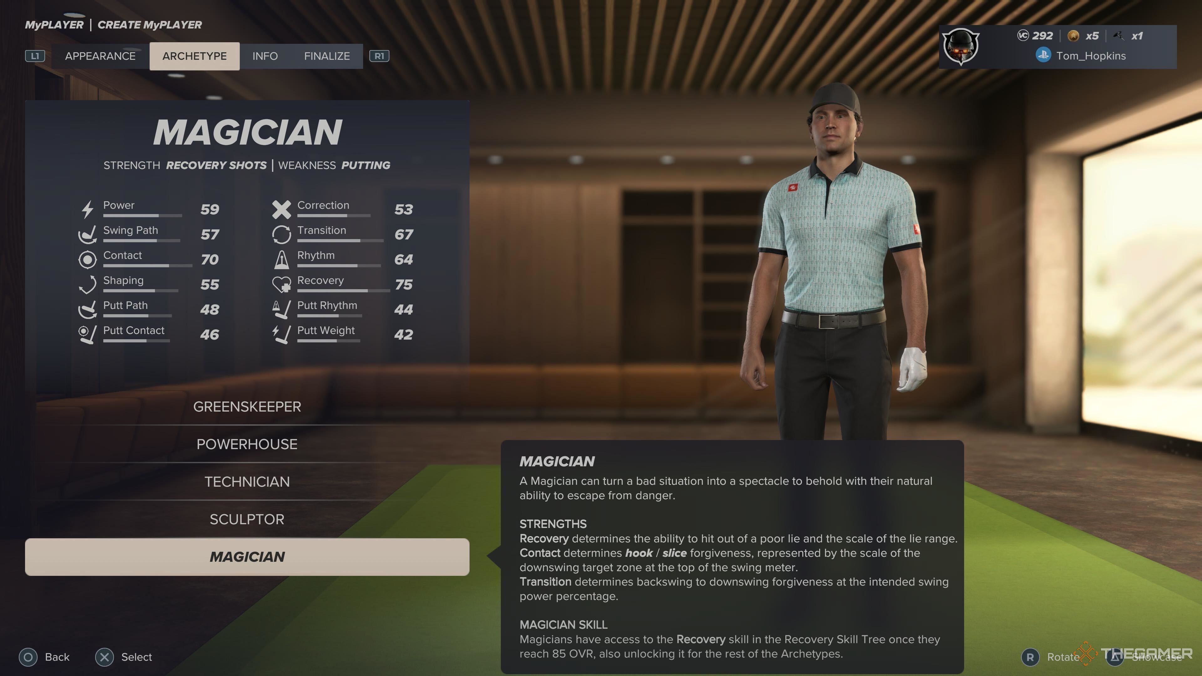 The Magician archtype in the menu in PGA Tour 2K25.