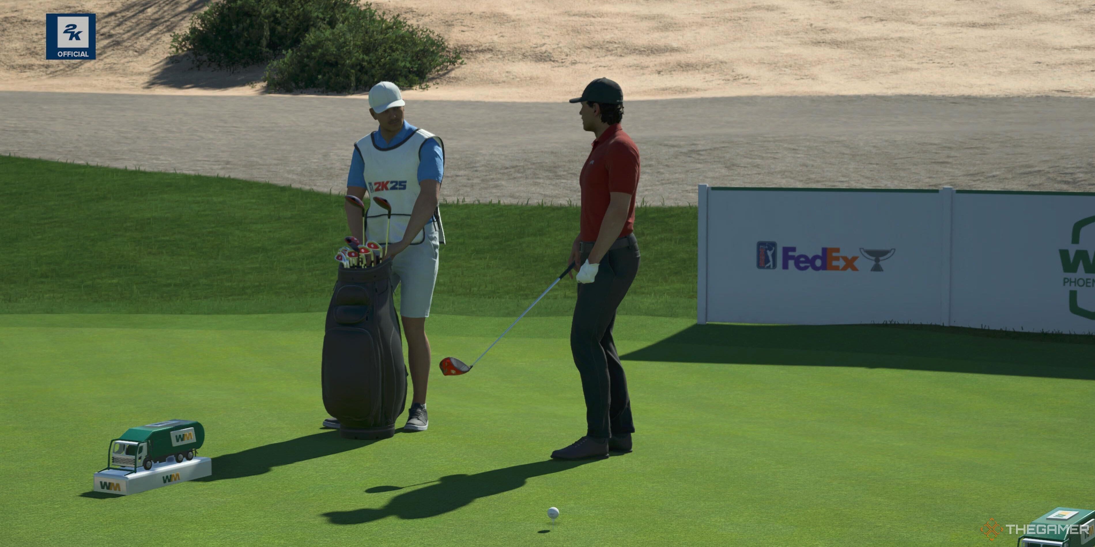 Two people at a tee in PGA Tour 2K25.
