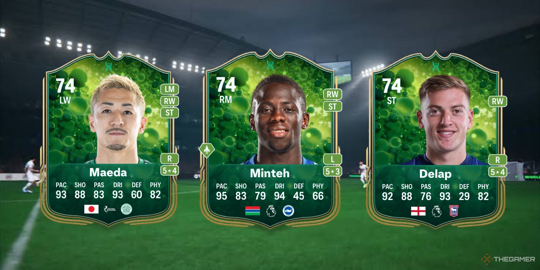بهترین بازیکنانی که دقیقاً مانند جیمی تکامل EA Sports FC 25 استفاده می کنند 8 تصویر نشان دهنده کارت Maeda ، Minteh و Delap در برابر پس زمینه پژمرده.