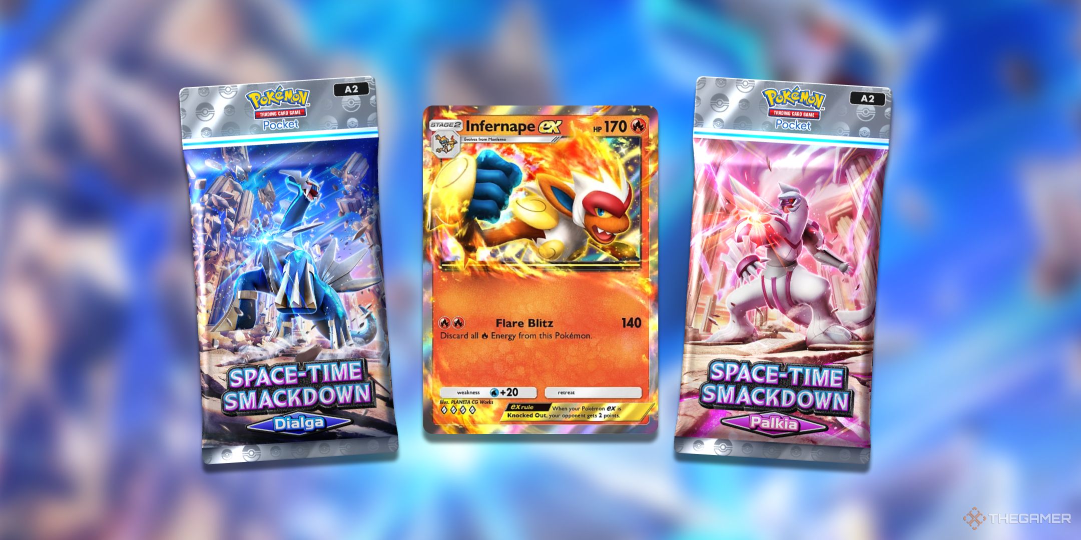 Infernape ex surrounded by packs from Pokemon TCG Pocket Space Time Smackdown.