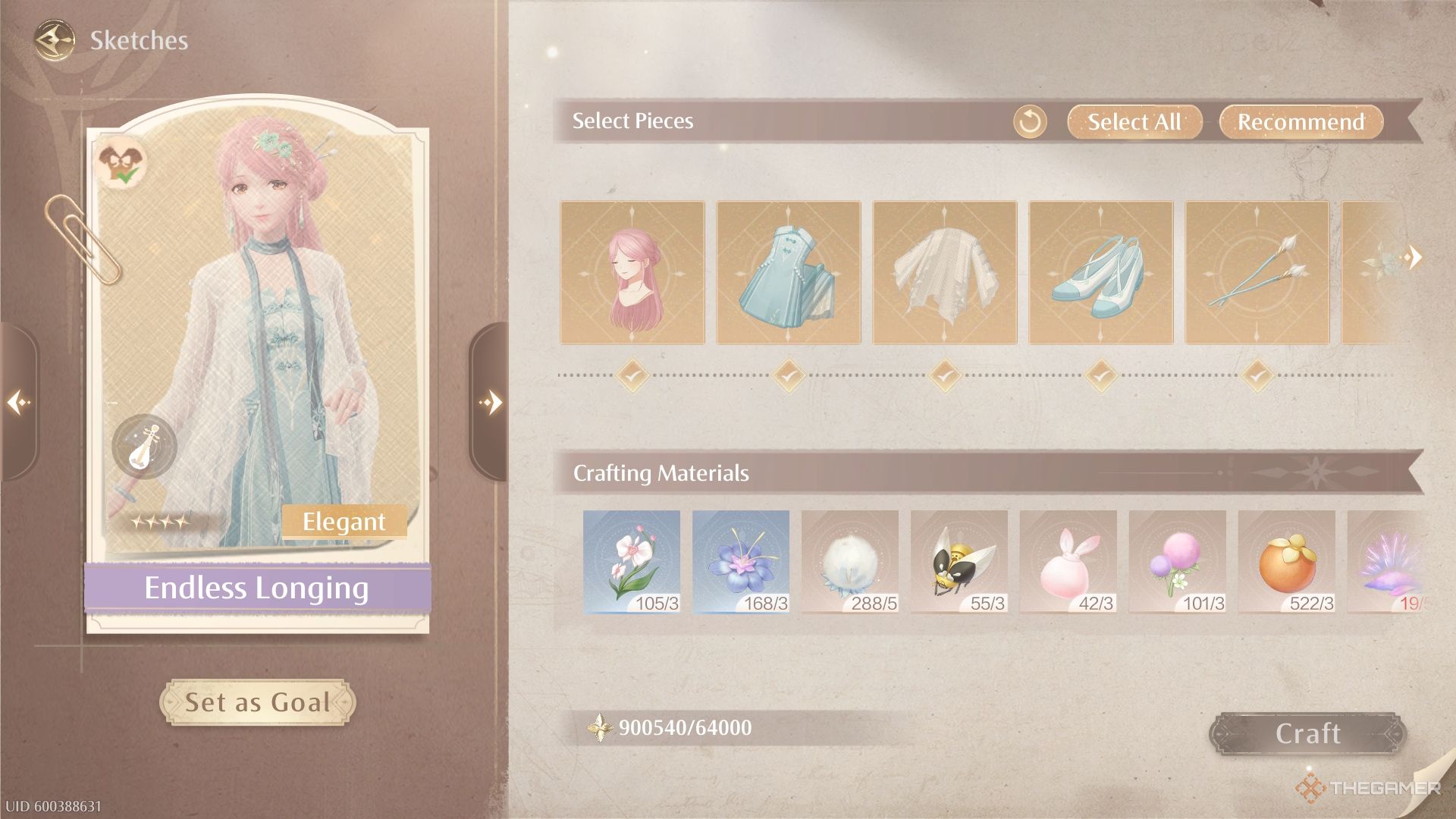 Endless Longing outfit in the crafting sketches menu, with all materials listed.