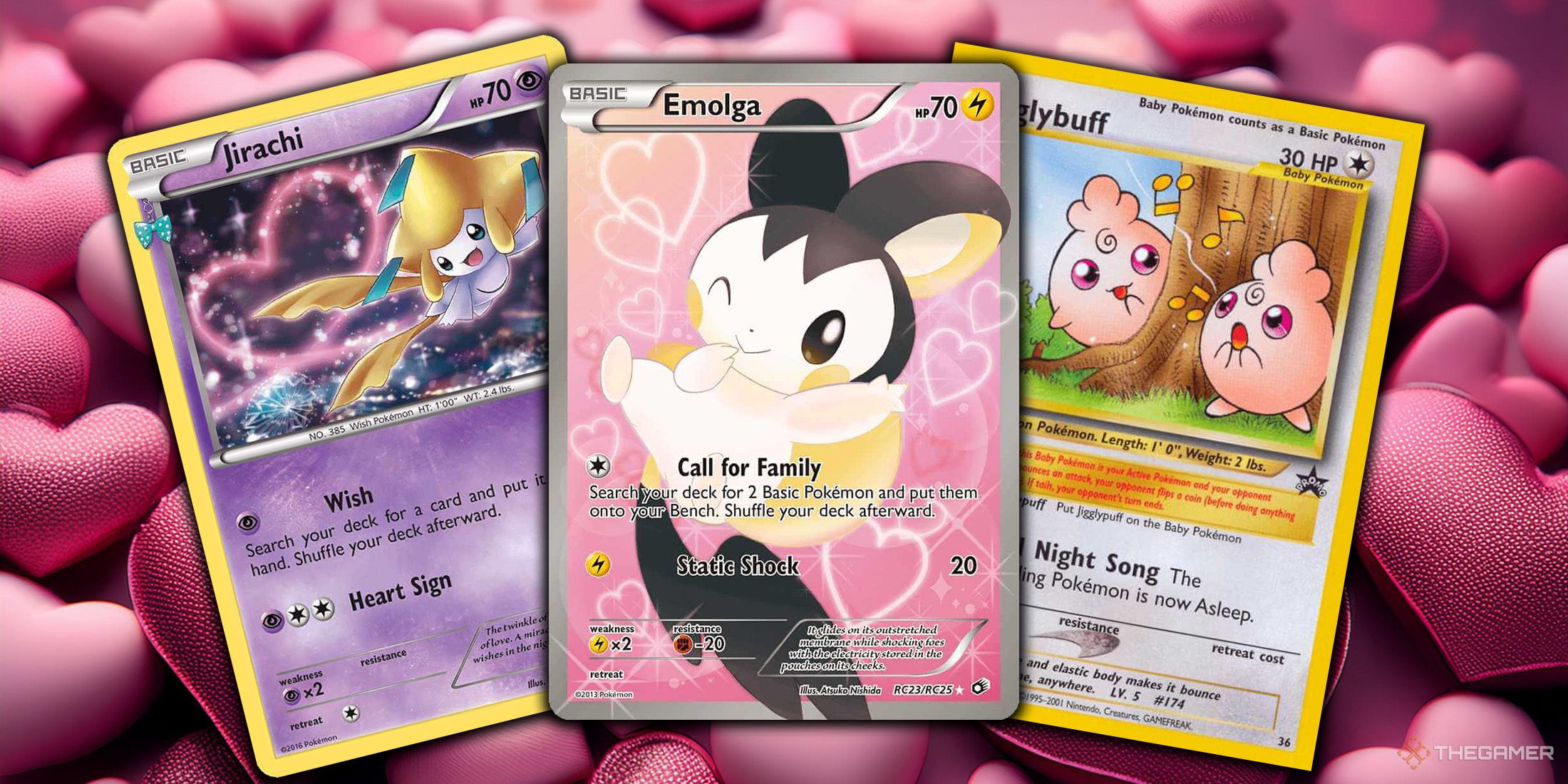 Jirachi, Emolga and Igglybuff cards placed next to each other in front of the background that shows pink hearts in Pokemon TCG