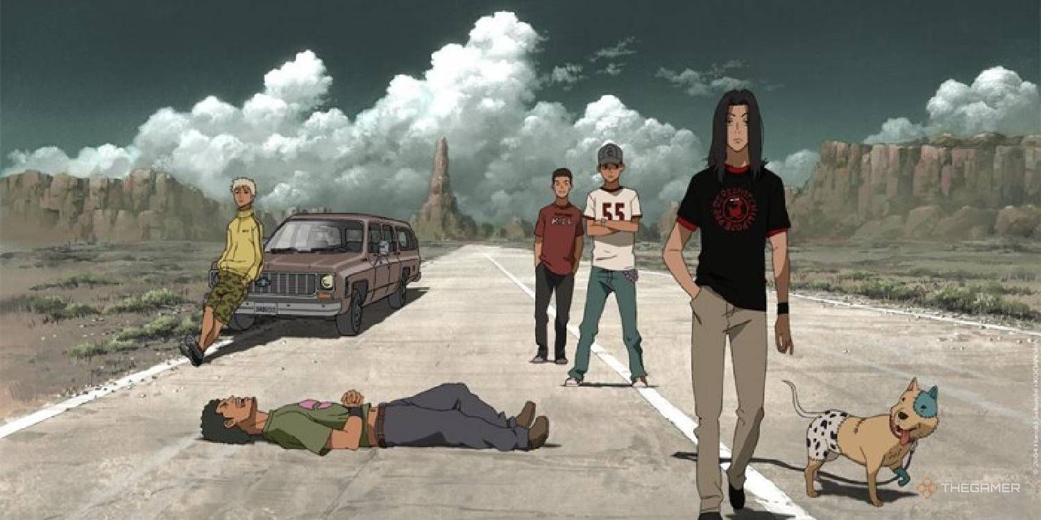 Key art of the band members on a road from Beck Mongolian Chop Squad.