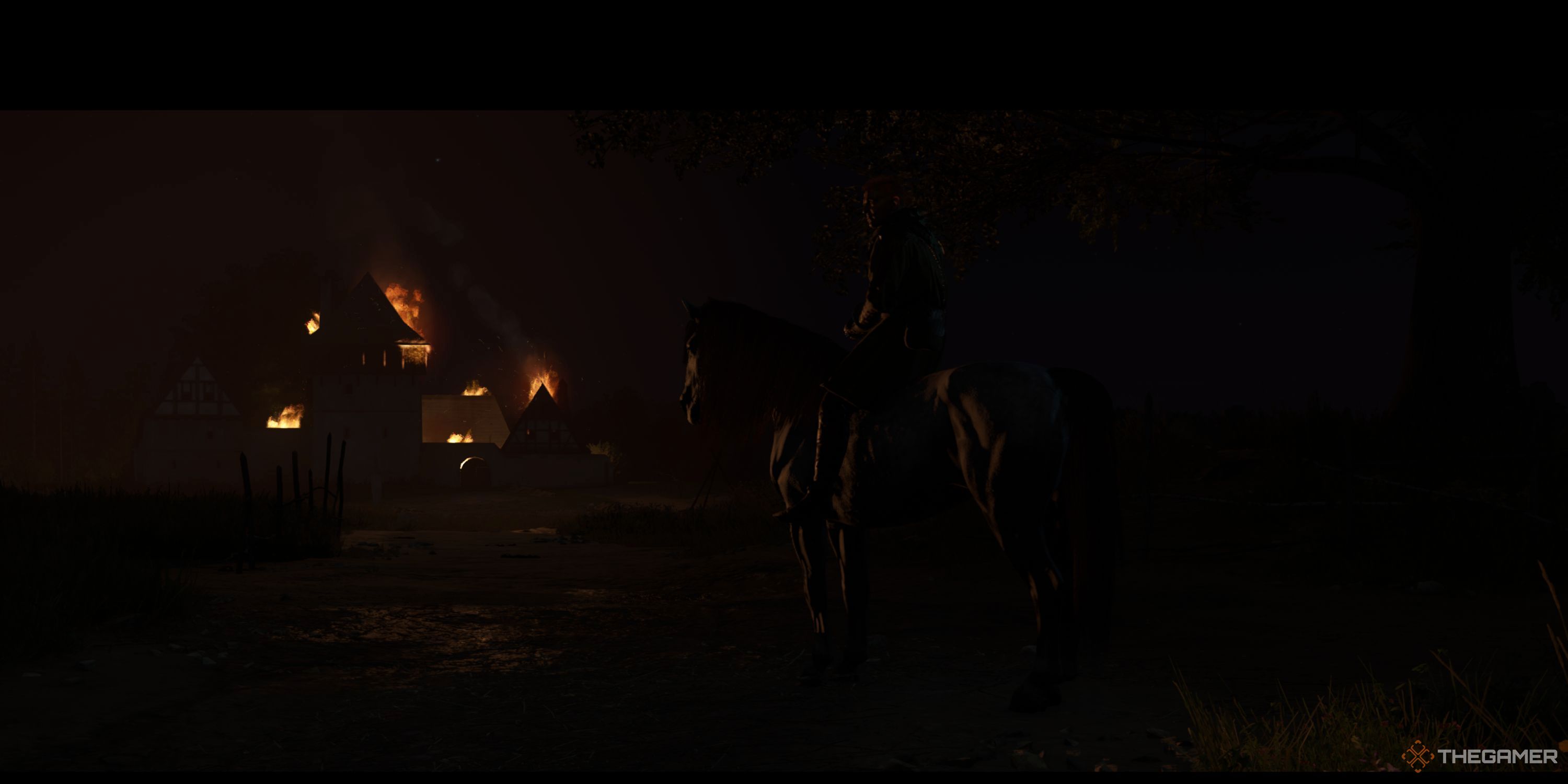 Henry is witnessing Semine burning down while sitting on a horse.