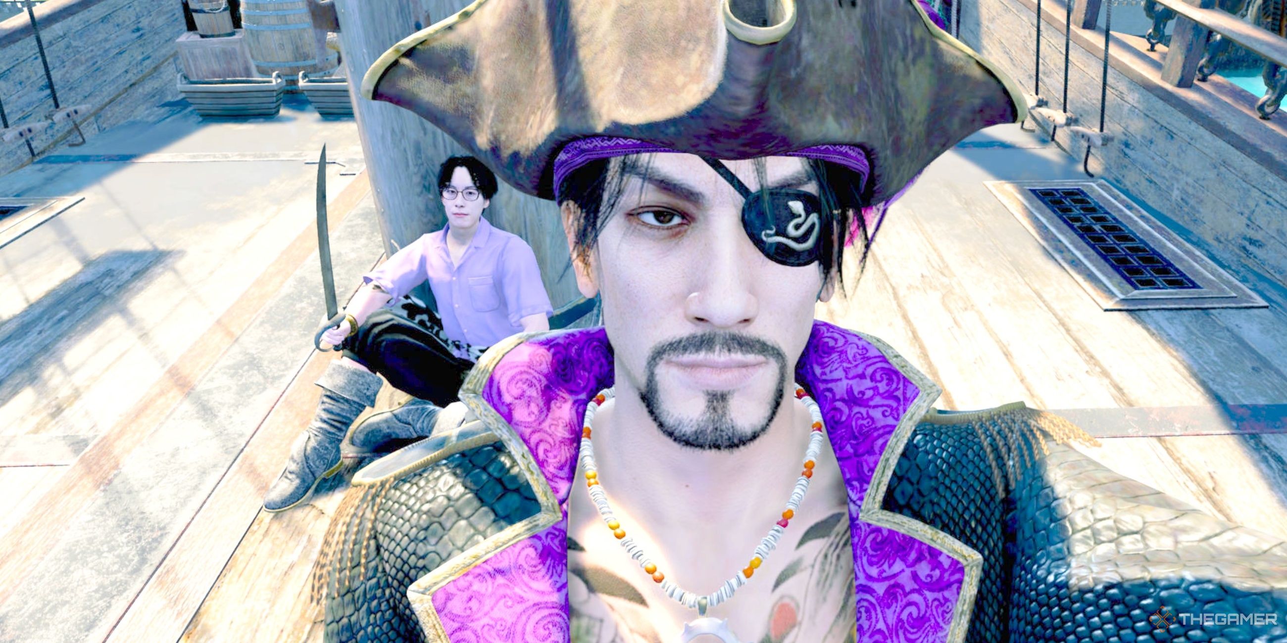 Majima with his first mate, Captain Beef, in  Like A Dragon: Pirate Yakuza In Hawaii,