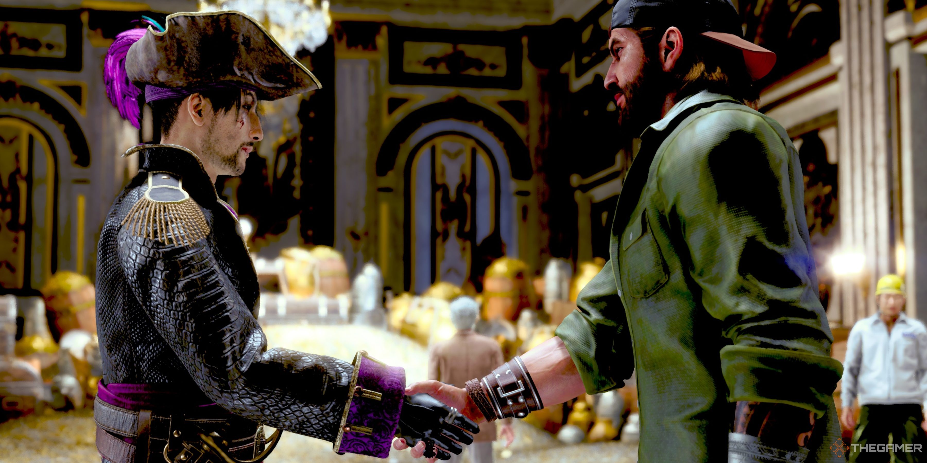 Jason Rich and Goro Majima shake hands in Like A Dragon: Pirate Yakuza In Hawaii.