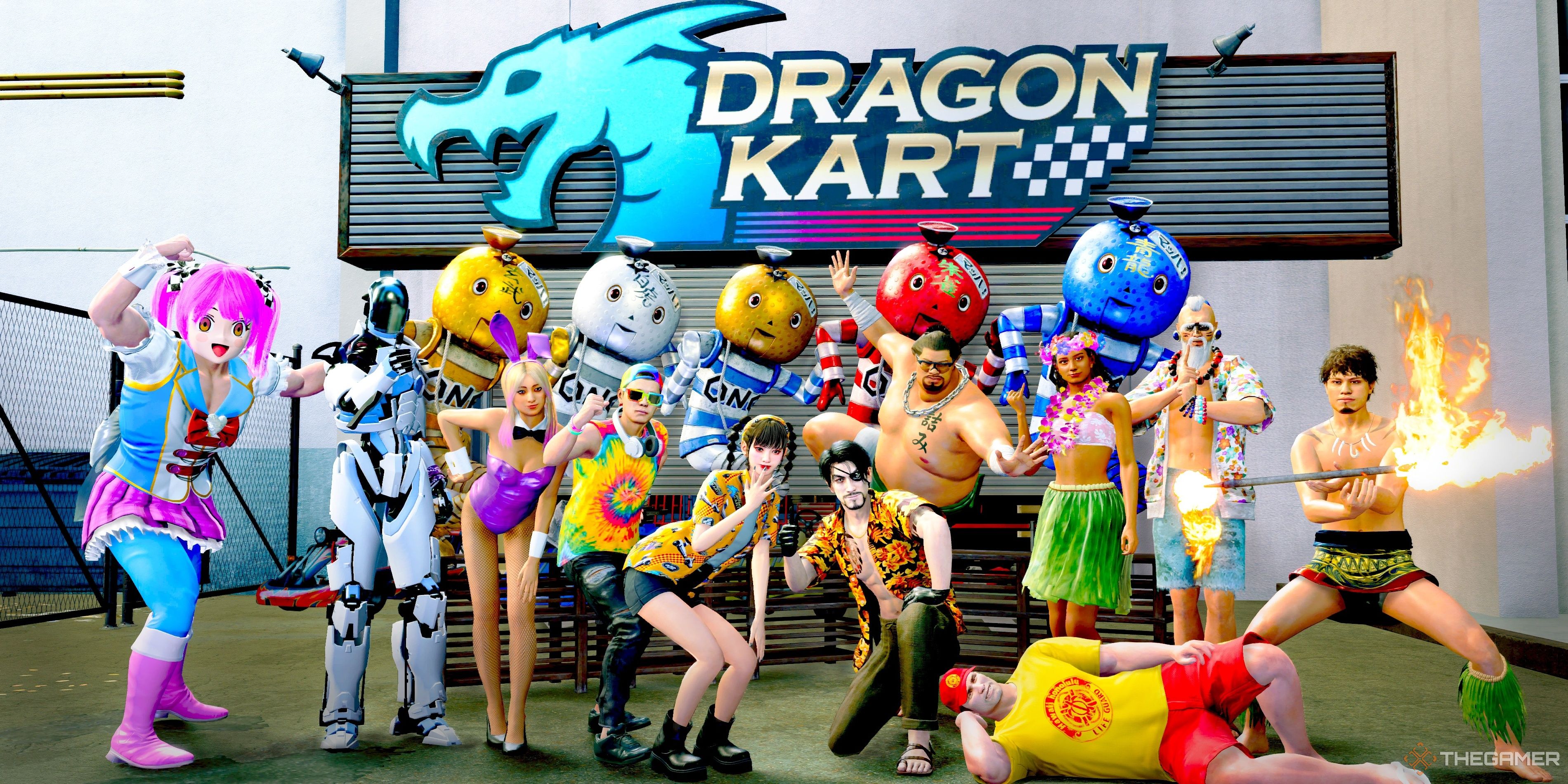 Ran, Majima, and the rivals from Dragon Kart pose for a picture in Like A Dragon: Pirate Yakuza In Hawaii.