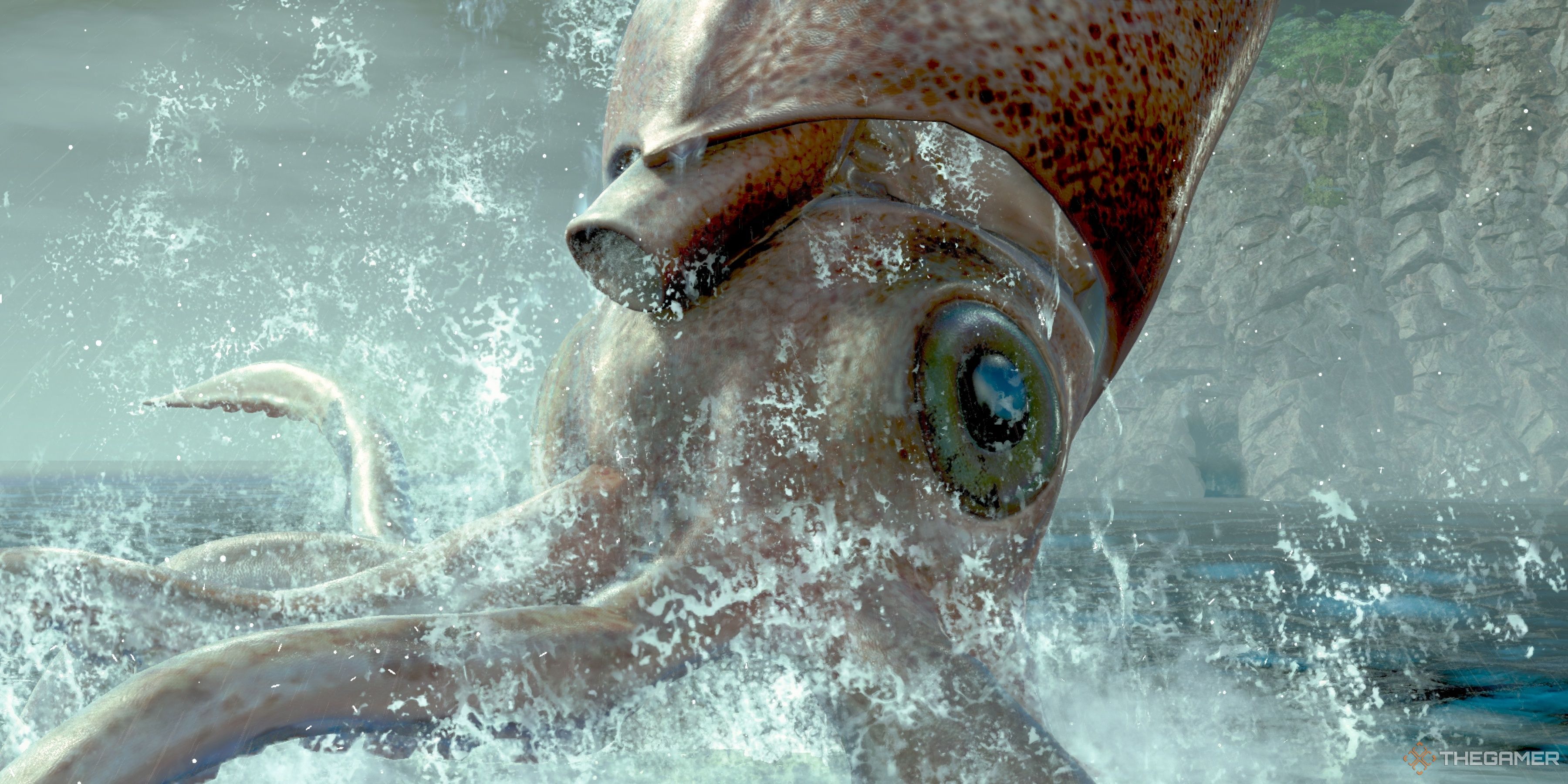 The Giant Squid emerges for a climactic Battle during Like A Dragon: Pirate Yakuza In Hawaii.