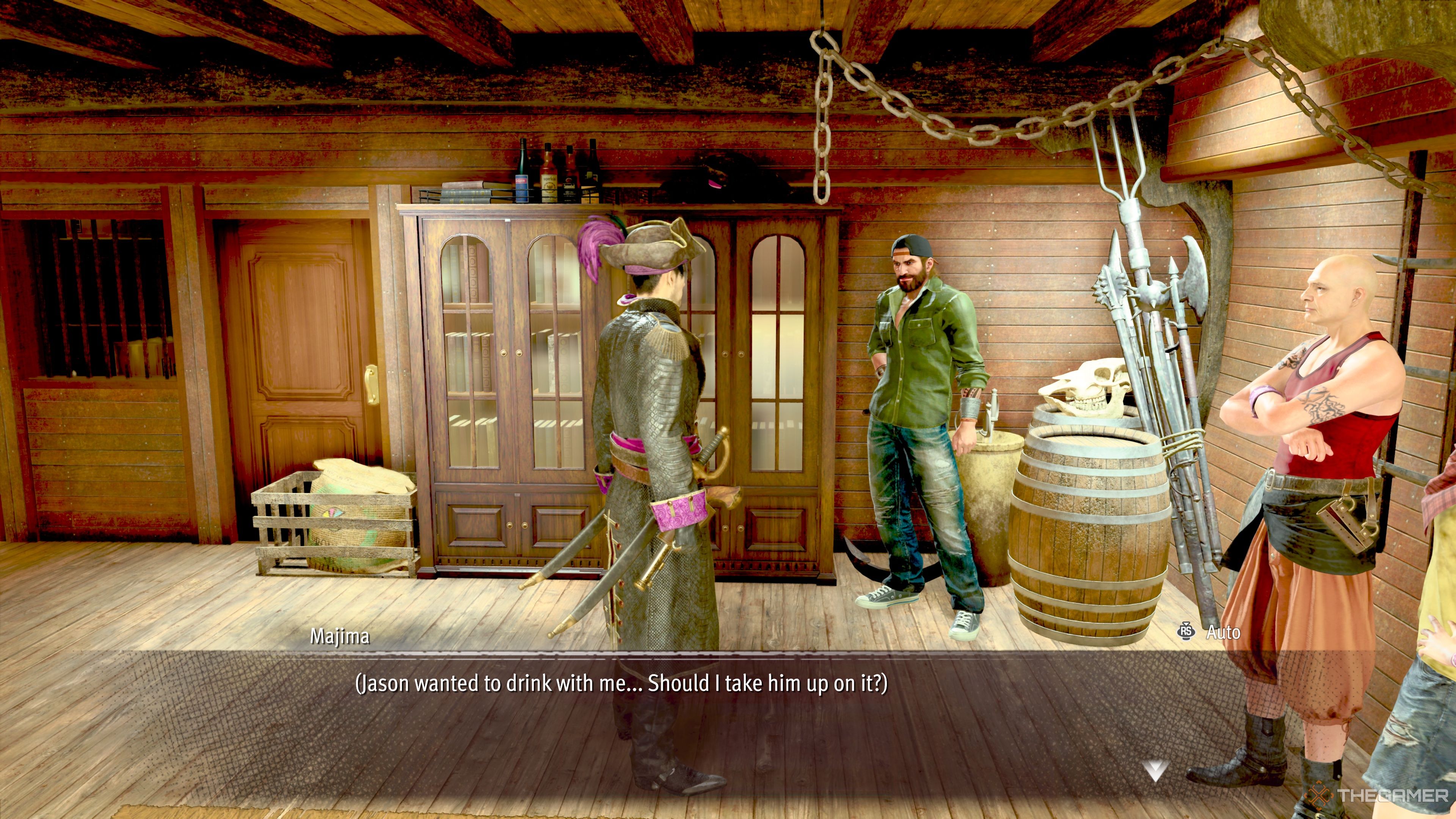 Majima approaches Jason Rich for his Drink Link Talk in Like A Dragon: Pirate Yakuza In Hawaii.