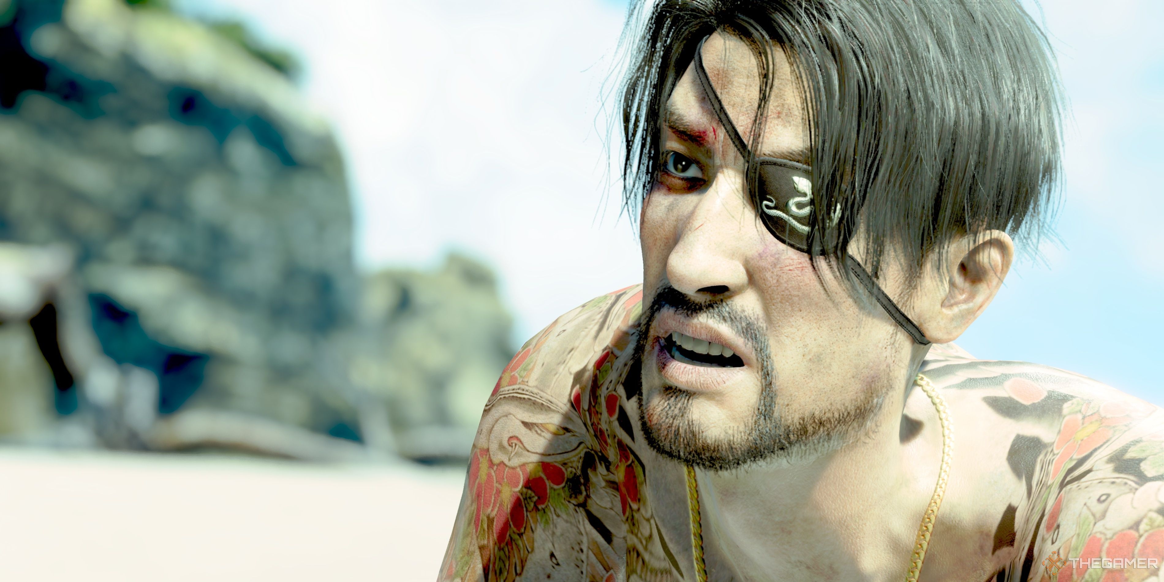 Maajima looking confused and thirsty in Like A Dragon: Pirate Yakuza In Hawaii.