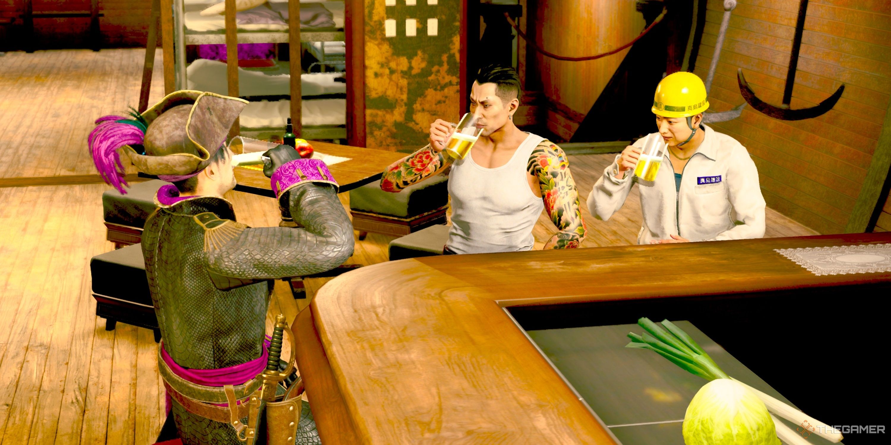 Majima takes a swig with Minami and Nishida during their Drink Link in Like A Dragon: Pirate Yakuza In Hawaii.