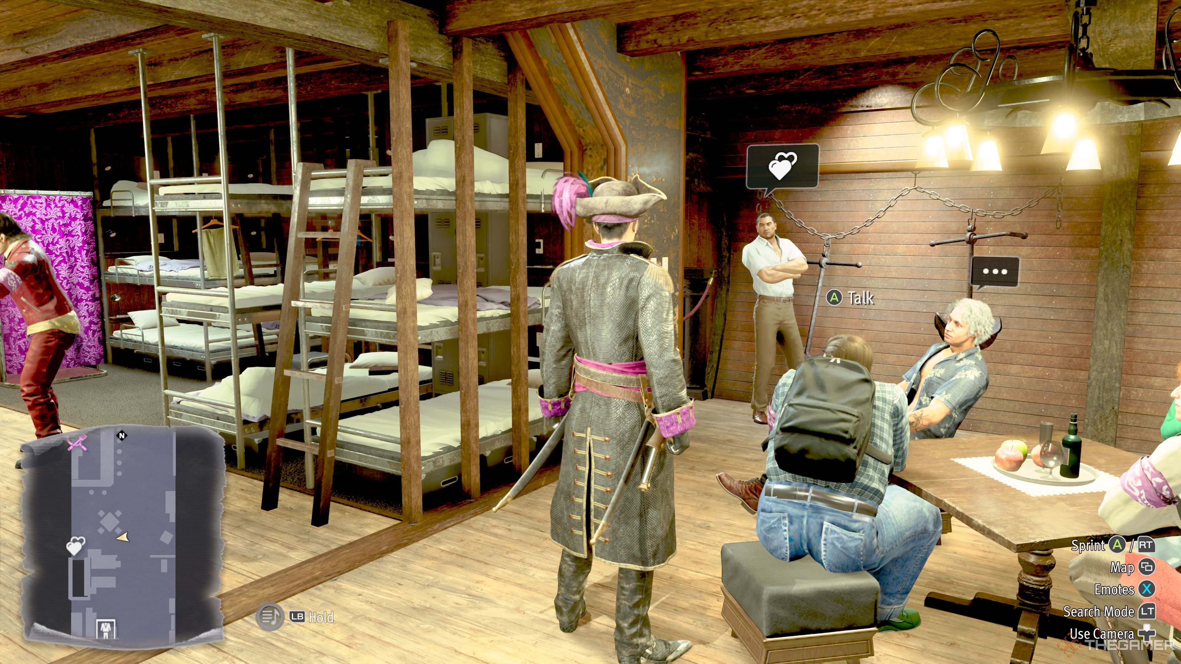 Taiga Saejima stands against the wall in the Crew Quarters in Like A Dragon: Pirate Yakuza In Hawaii.