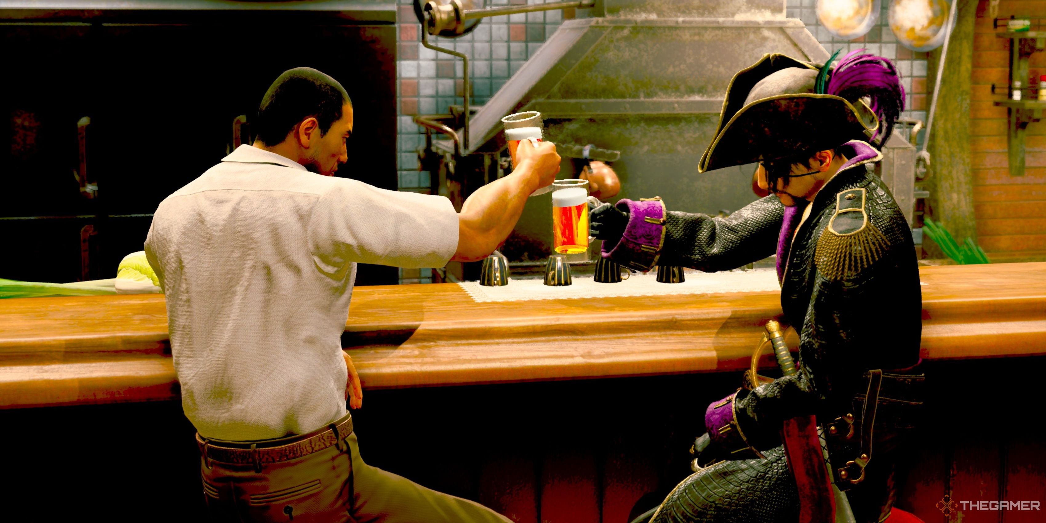 Saejima Taiga shares a beer with Majima during his Drink Link in Like A Dragon: Pirate Yakuza In Hawaii. 